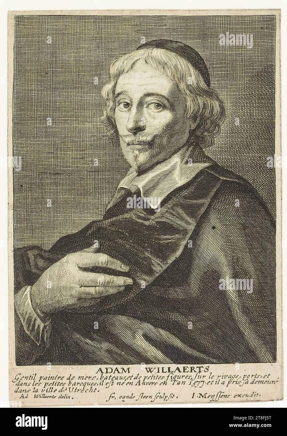 ADAM WILLAERTS, doux peintre de mers, de bateaux et de petites figures, sur le rivage, dans les ports, et dans de petits bateaux, il est né à Anvers en 1577 et s'est installé dans la ville d'Utrecht. Ad. Willaerts Delin. FR. Vande Steen sculpts. I. Meyssens excusé. Illustration de : MEYSSENS Jean : image de divers hommes d'esprit sublime ... Anvers, 1649 (UCL, 3B 3808 Banque D'Images