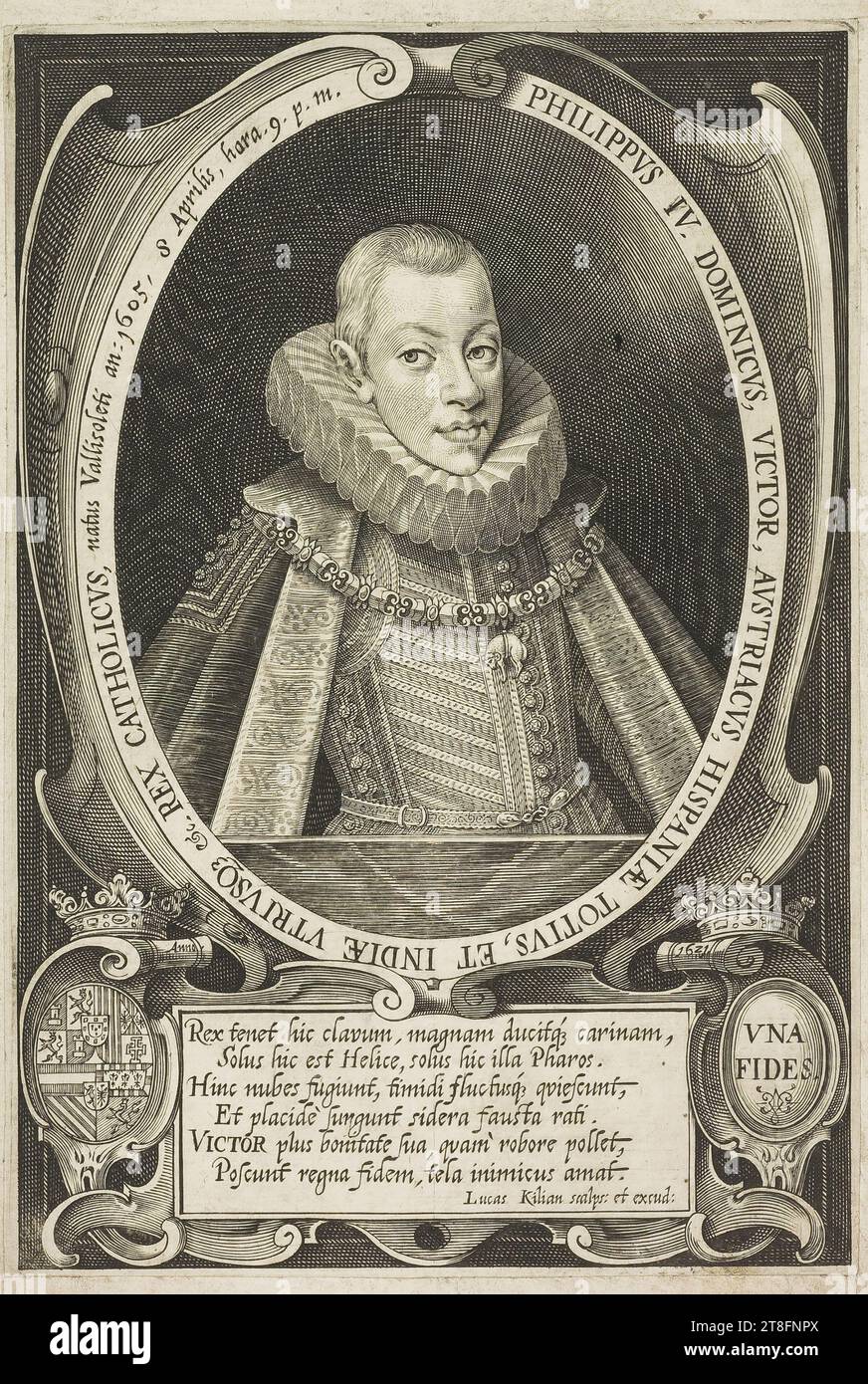 Philip IV DOMINICVS VICTOR, AVSTRIAVCS, HISPANIÆ TOTIVS ET INDIA VTRIVSQ... & KING CATHOLICVS, né à Vallisoleti an : 1605, avril 8, hara. 9 heures dans l'année, 16 VNA, FOI le roi tient ici la quille, la grande quille du chef, ici seul sont les hélices, seul ici que Pharos. De là, les nuages fuient, les vagues timides... Calmez-vous, et prenez tranquillement les étoiles chanceuses du char. , Les Royaumes demandent la foi, les armes que l'ennemi aime. Lucas Kilian sculpte et imprime Banque D'Images