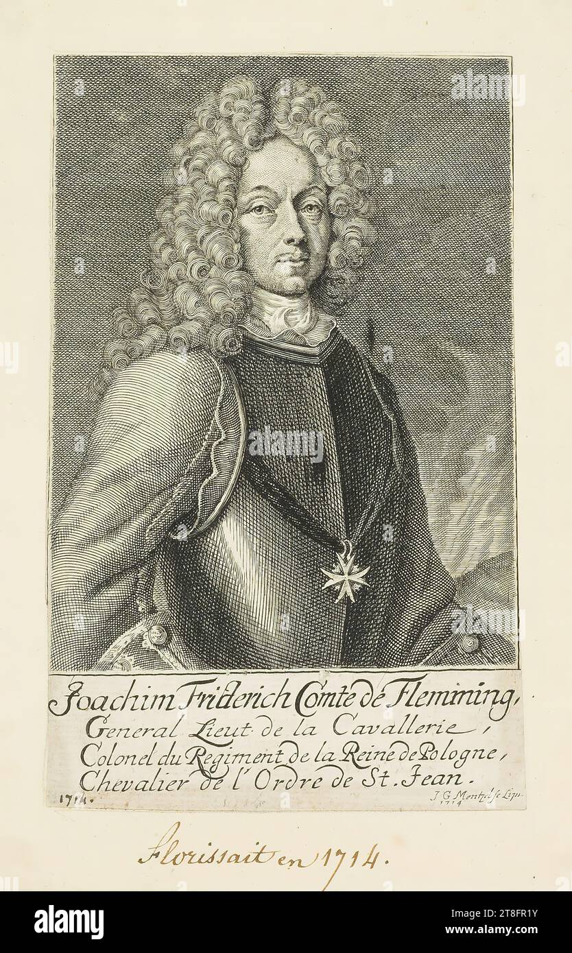 Joachim Friedrich Comte de Flemming, général lieu de la cavalerie, Colonel du Régiment de la Reine de Pologne, Chevalier de l'ordre de Saint-Jean. JG Mentel SC Lips, 1714 Banque D'Images