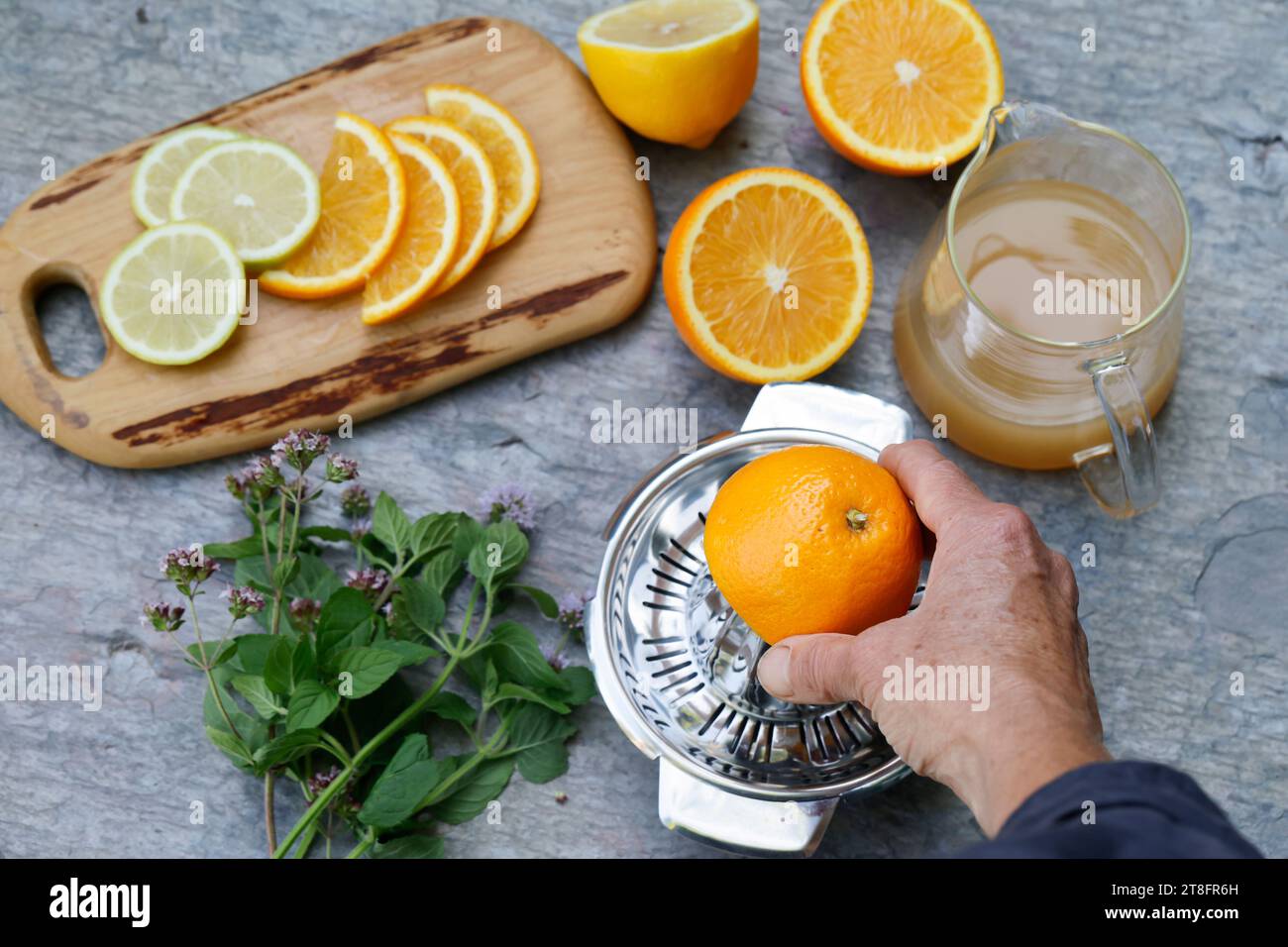Eistee, EIS-Tee aus Kräutertee gemischt mit Apfelsafe, Saft von Orange, Saft von Zitrone, thé glacé, thé glacé Schritt 2 : Zutaten - Kräutertee, Apfelsaf Banque D'Images