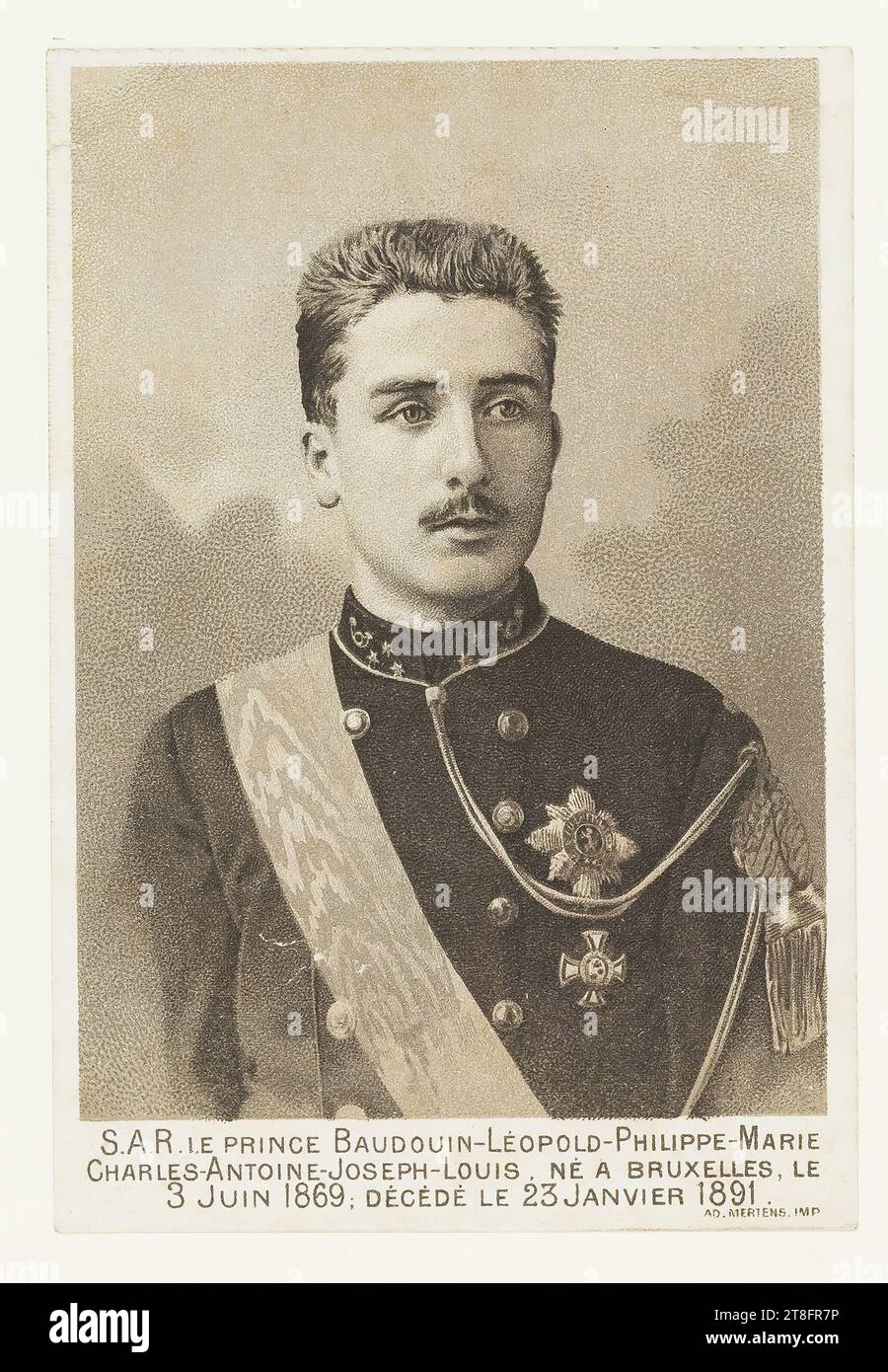 SAR LE PRINCE BAUDOUIN-LÉOPOLD-PHILIPPE-MARIE, CHARLES-ANTOINE-JOSEPH-LOUIS, NÉ À BRUXELLES, LE 3 JUIN 1869; DÉCÉDÉ LE 23 JANVIER 1891. AD. MERTENS, IMP Banque D'Images