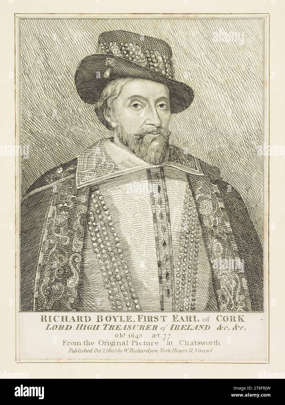 RICHARD BOYLE, PREMIER COMTE DE CROK, LORD HIGH TRÉSORIER D'IRLANDE & C. &c., obt. 1643 æt.77., extrait de la photo originale de Chatsworth. Publié en octobre 1. 1803. Par W.Richardson. York. Maison 31 Strand Banque D'Images