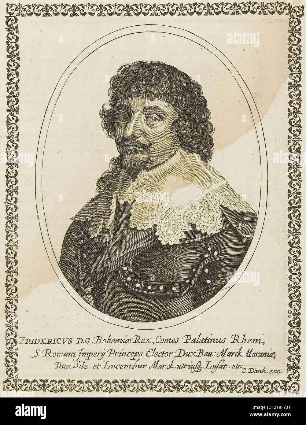 imprimé à l'envers. FREDERICKS D.G. Roi de Bohême, Comte Palatin du Rhin, S : Roman Imperij Princeps électeur, Duc de Bau : Marck Moraniæ, Duc de Sile. Et Luxemburg.Marck.utriusq... Lusat etc. C. Dank : exc Banque D'Images