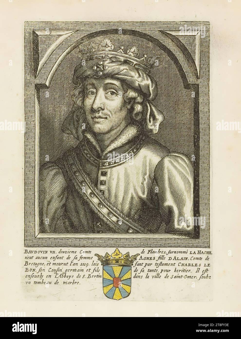 BAVDOVIN VII Douzième comte de Flandre, surnommé LA hache, n'eut pas d'enfants de son épouse AGNÈS fille d'ALAIN, comte de Bretagne et mourut en l'an 1119 laissant par Will CHARLES LE, BON, son cousin Germain et fils de sa tante, comme héritier. Il y a, enseuement dans l'abbaye de S. Bertin dans la commune de Saint-Omer, soubz, un tombeau de marbre Banque D'Images