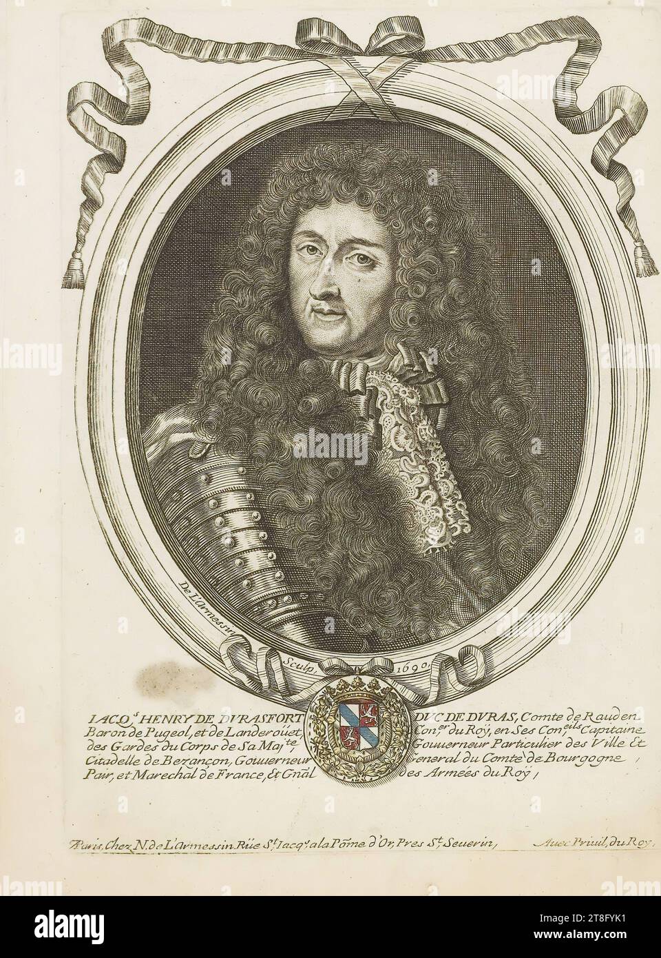 De l'Armessin Sculp, 1690. CIQs HENRY DE DVRASFORT DVC DE DVRAS, Comte de Rauden, Baron de Pugeol, et de Landeroüet con.er du Roÿ dans ses conseils, capitaine, des gardes du corps de son Major.te Gouerneur particulier de la ville et, Citadelle de Bezançon, Gouerneur général du Comte de Bourgogne, Peer, et maréchal de France, et gnal des armées du roi. À Paris, chez N. de l'Armessin Rüe St. Iacqs, à la Pomme d'Or, près de St Seuerin. Avec Priuil. Du Roi Banque D'Images