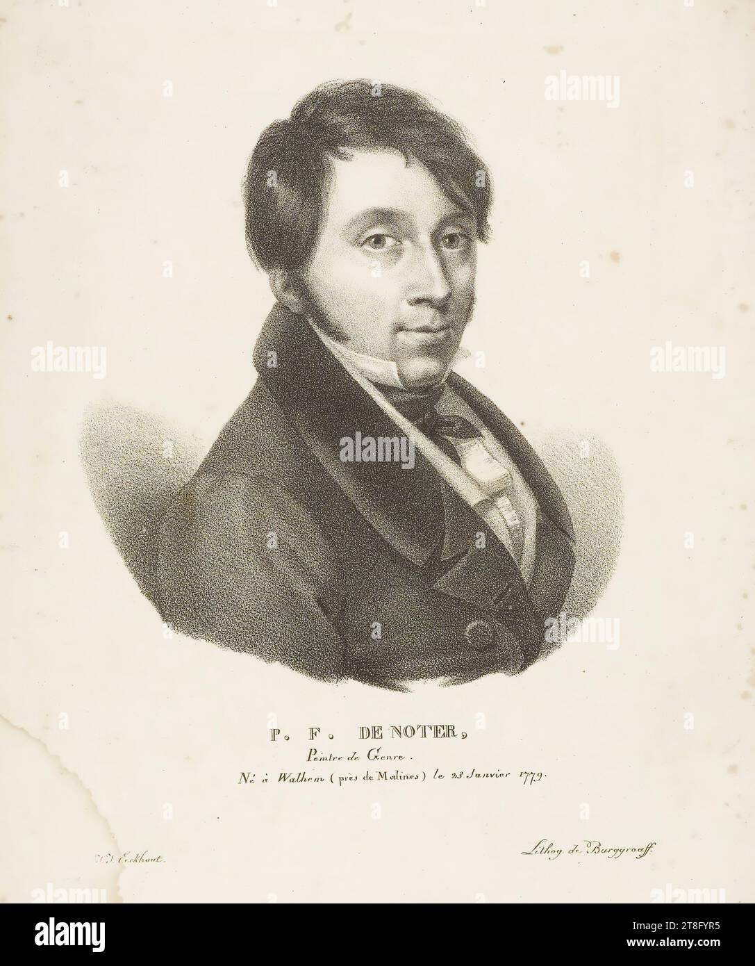 P.F. DE NOTER, peintre de genre., né à Waelhem (près de Malines) le 23 janvier 1779. J:J : Eeckhout. Lithog. De Burggraaf. Illustration tirée de : Collection de portraits d'artistes modernes, nés dans le Royaume des pays-Bas, tirés de la nature par J. J. Eeckhout, et lithographiés par G. P. Van den Burggraaff. Bruxelles 1822 Banque D'Images