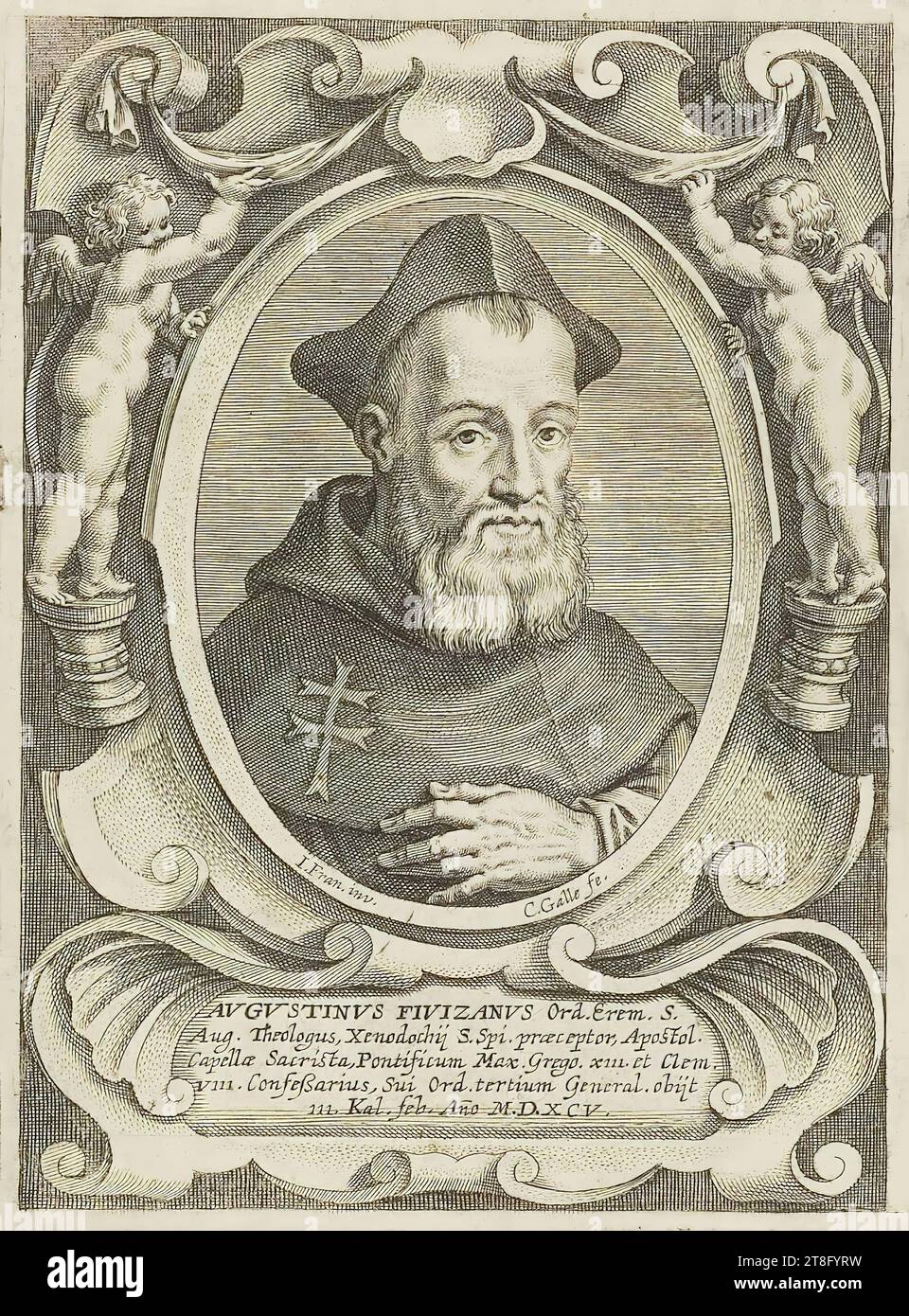 I. Fran. inv. C. Galle fe. AVGVSTINVS FIVIZANVS ORD. J'étais s., août Théologien Xenodochius S. SPI. Professeur, Apostol., Chapelle Sacrista, Pontificum Max. Greg. x111 et Clem., V111 Conseiller, sui Ord. Le troisième objet général, 111 Cal. Fév Dans l'année A.D. X.C.V. Illustration de : C. de Corte, hommes d'hommes illustres de l'ordre des ermites..., 1636 Banque D'Images