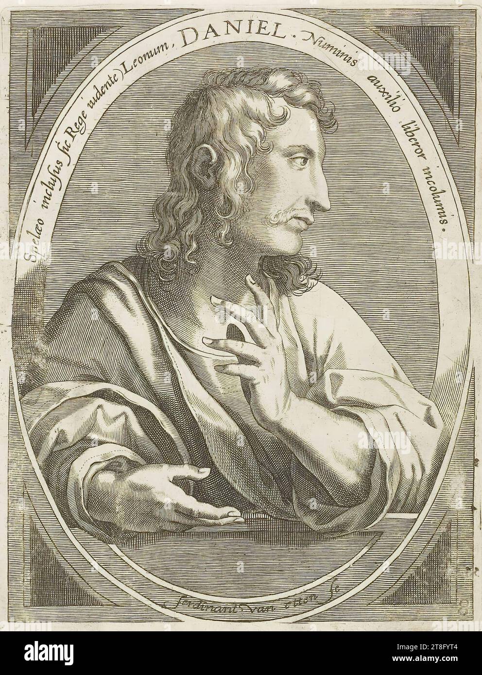 Confiné dans une grotte par l'assistant) Leonum, DANIEL avec l'aide des dieux, j'ai été délivré en toute sécurité. ferdinant de etten fc. 8. Illustration tirée de : Corrozet, Gilles, Icones historiarum Veteris Testamenti Banque D'Images