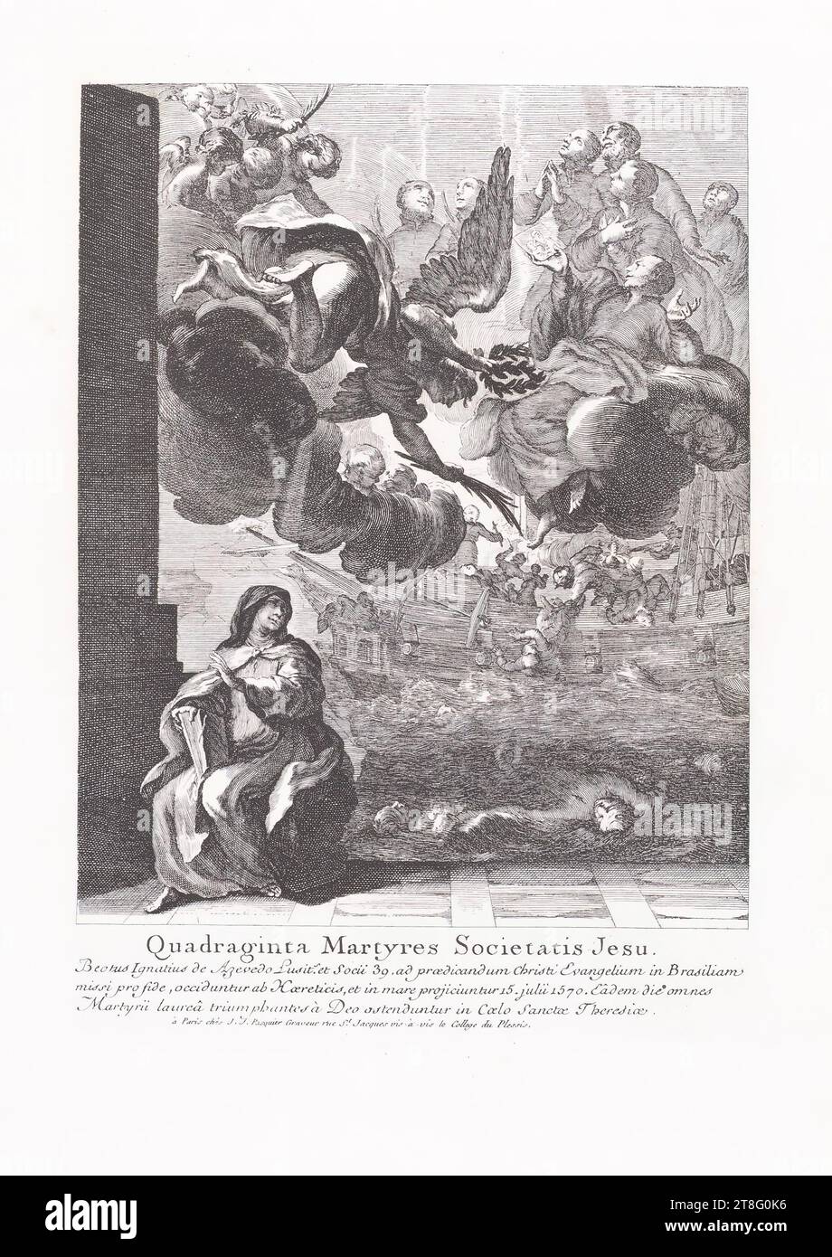 Les quarante Martyrs de la Compagnie de Jésus, le bienheureux Ignace de Azevedo Lusit.s et 39 associés, envoyés pour la foi au Brésil pour prêcher l'Évangile du Christ, ont été tués par des hérétiques et jetés à la mer le 15 juillet 1570. Ils sont montrés dans le ciel de Sainte Thérèse. à Paris chés J.J. Pasquier Graveur rue St. Jacques vis-à-vis du Collège du Plessis Banque D'Images