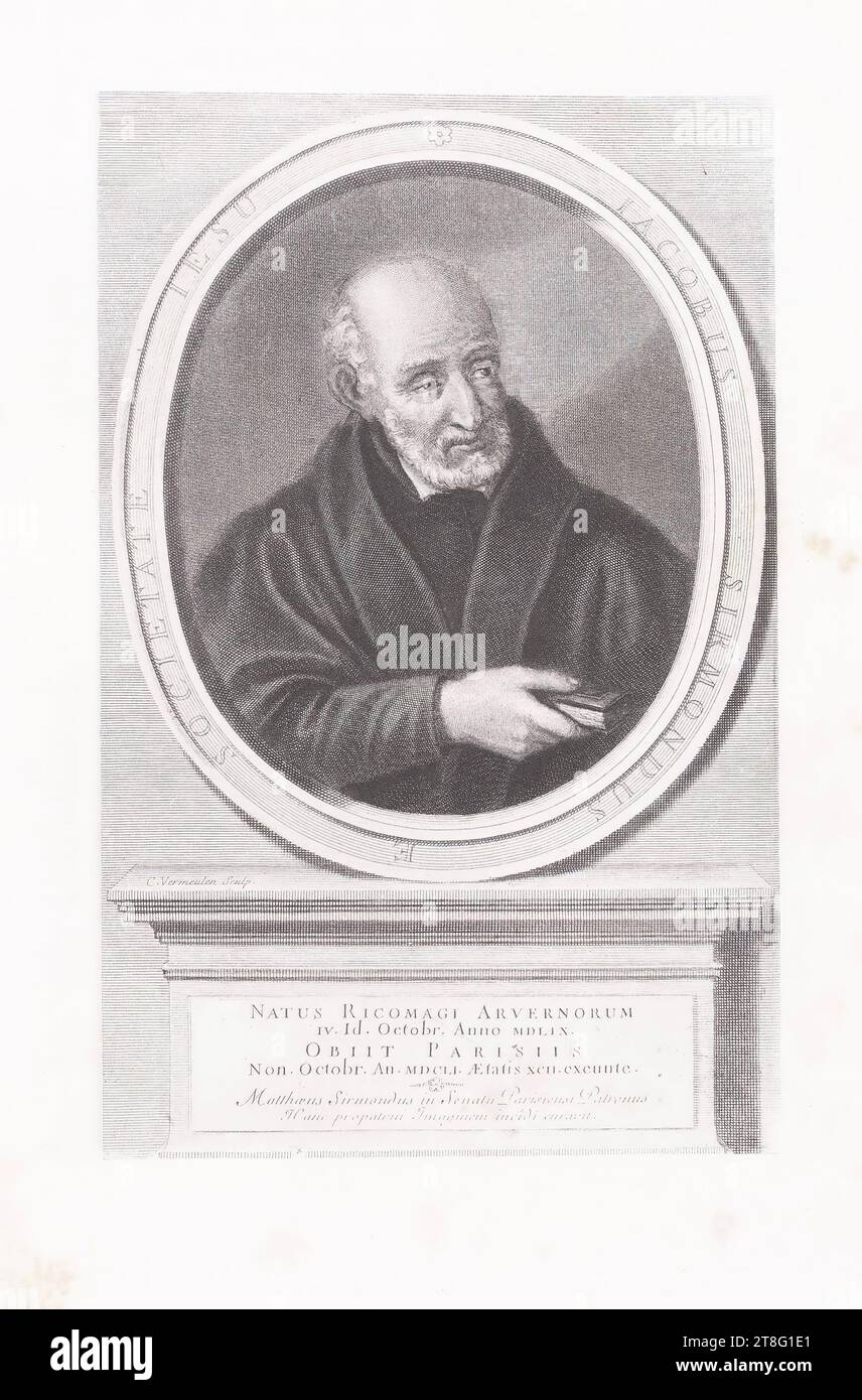 JAMES SIRMOND DE LA SOCIÉTÉ DE JÉSUS. C ; Vermeulen Sculp. NÉ DE RICOMAGUS ARVERNORUM, le 4.ID.Octobr. En l'an 1846, il meurt à Paris, no. Octobre que MDCLI XCu.excunte de l'âge. Matthaeus Sirmondi, patron au Sénat de Paris, a pris soin de cette image de son ancêtre Banque D'Images