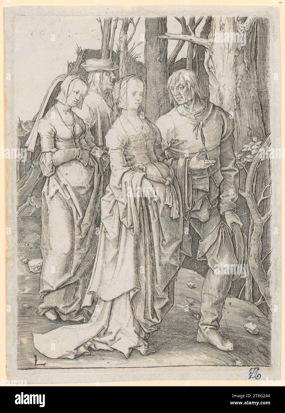Stefano della Bella (1610 - 1664), artiste François Collignon (1610 - 1687), éditeur, étude de trois hommes barbus, droit avec casque, et un enfant, Lucas Hugensz. Van Leyden (1488, 1499 resp. 1494 - 1533), artiste, deux couples dans la forêt, origine du support d'impression : circa 1509, gravure sur cuivre, taille de feuille : 10,9 x 7,9 cm, en haut à gauche daté '1509' latéralement inversé ; effacé et en bas à gauche monogrammé 'l', recto en bas à droite bleu Banque D'Images