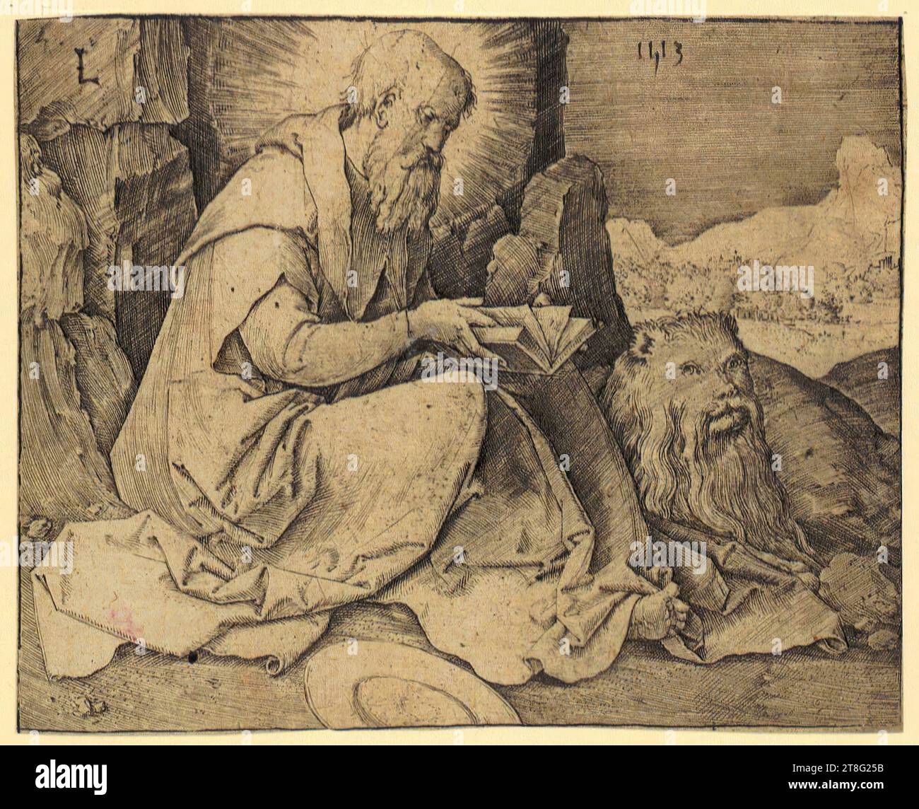 Rembrandt Harmensz. Van Rijn (1606 - 1669), artiste anonyme (date inconnue), retravaillé par, Portrait du marchand d'estampes Clement de Jonghe, Rembrandt Harmensz. Van Rijn (1606 - 1669), artiste, Portrait du marchand d'estampes Clement de Jonghe, Lucas Hugensz. Van Leyden (1488, 1499 resp. 1494 - 1533), artiste, Saint Jérôme dans un paysage, support d'impression : 1513, cuivre sur papier vergé, format feuille : 8,6 x 10,6 cm, monogramme en haut à gauche sur roche 'l' et en haut à droite daté '1513 Banque D'Images Rembrandt Harmensz. Van Rijn (1606 - 1669), artiste anonyme (date inconnue), retravaillé par, Portrait du marchand d'estampes Clement de Jonghe, Rembrandt Harmensz. Van Rijn (1606 - 1669), artiste, Portrait du marchand d'estampes Clement de Jonghe, Lucas Hugensz. Van Leyden (1488, 1499 resp. 1494 - 1533), artiste, Saint Jérôme dans un paysage, support d'impression : 1513, cuivre sur papier vergé, format feuille : 8,6 x 10,6 cm, monogramme en haut à gauche sur roche 'l' et en haut à droite daté '1513 Banque D'Images