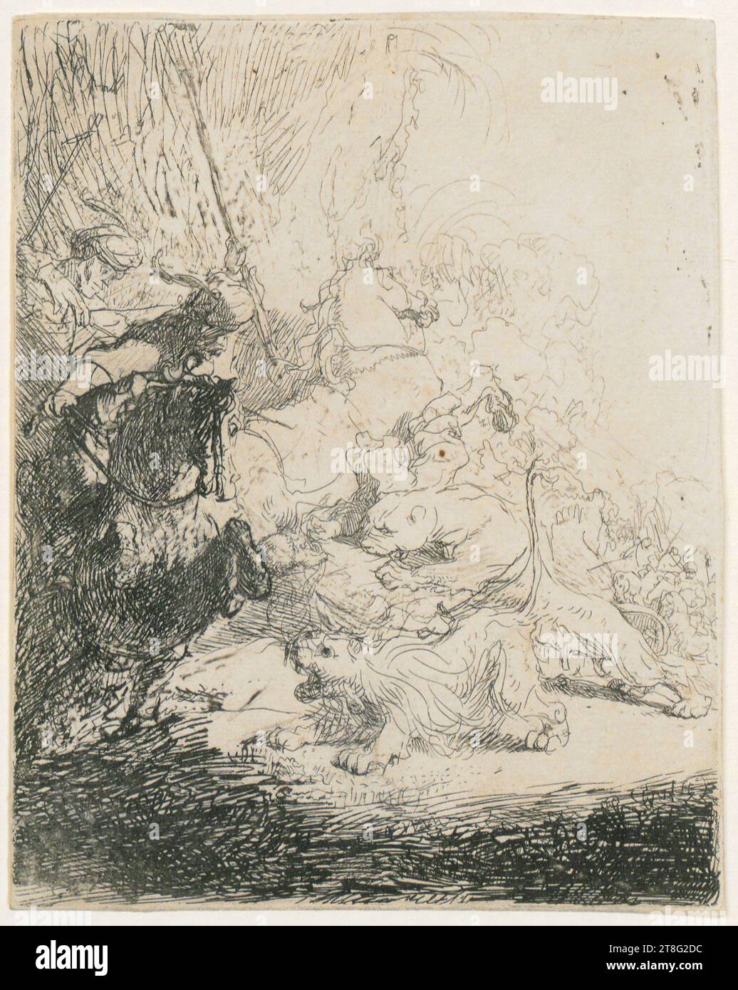 Rembrandt Harmensz. Van Rijn (1606 - 1669), artiste, petite chasse au lion (avec deux lions), origine de l'impression : vers 1632, gravure, taille de la feuille : 15,6 x 12,3 cm Banque D'Images
