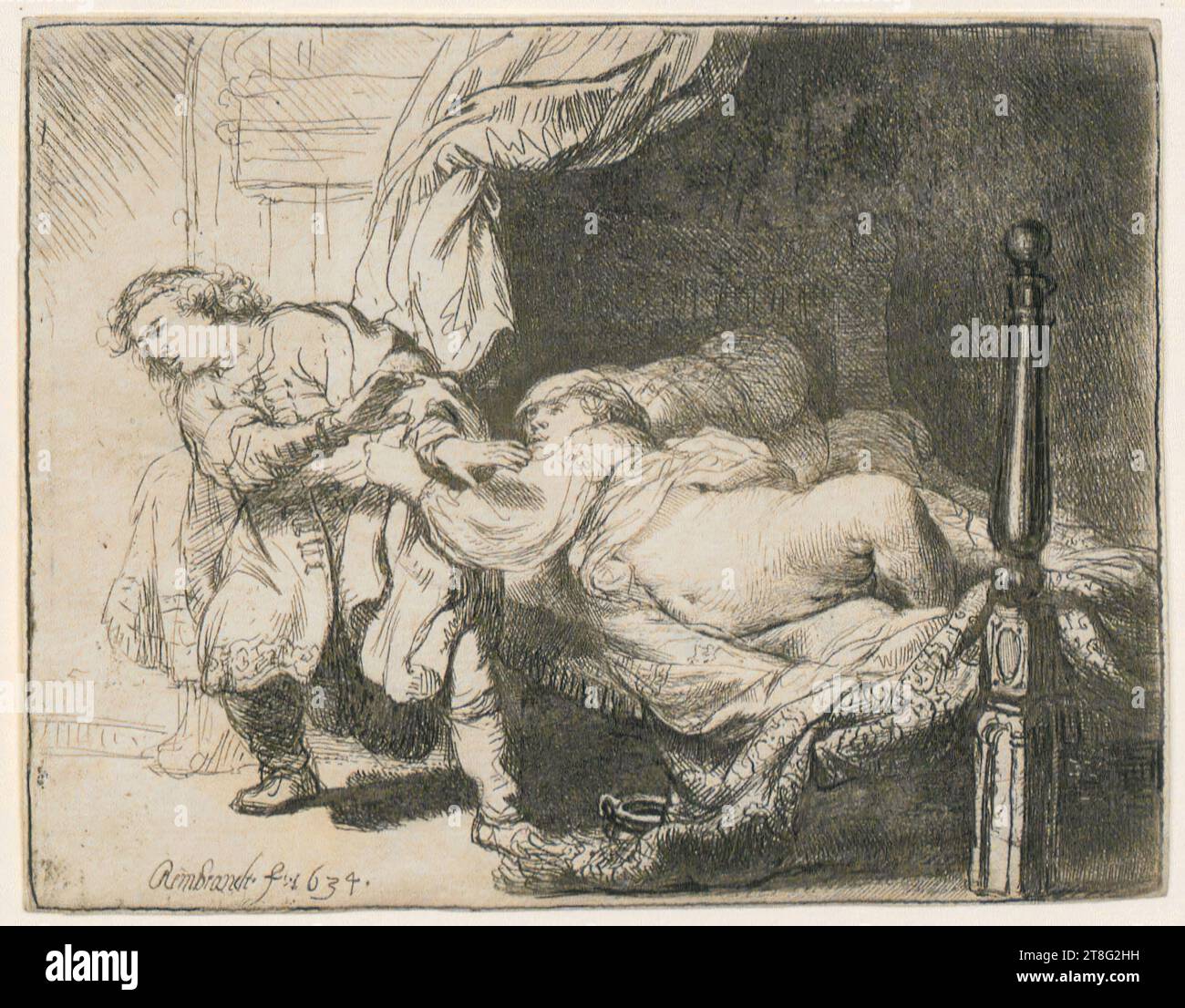 Rembrandt Harmensz. Van Rijn (1606 - 1669), artiste anonyme (date inconnue), retravaillé de, Joseph et la femme de Potiphar, support d'impression : 1634, gravure, taille feuille : 9,0 x 11,5 cm, signé et daté en bas à gauche 'Rembrandt F. 1634 Banque D'Images Rembrandt Harmensz. Van Rijn (1606 - 1669), artiste anonyme (date inconnue), retravaillé de, Joseph et la femme de Potiphar, support d'impression : 1634, gravure, taille feuille : 9,0 x 11,5 cm, signé et daté en bas à gauche 'Rembrandt F. 1634 Banque D'Images