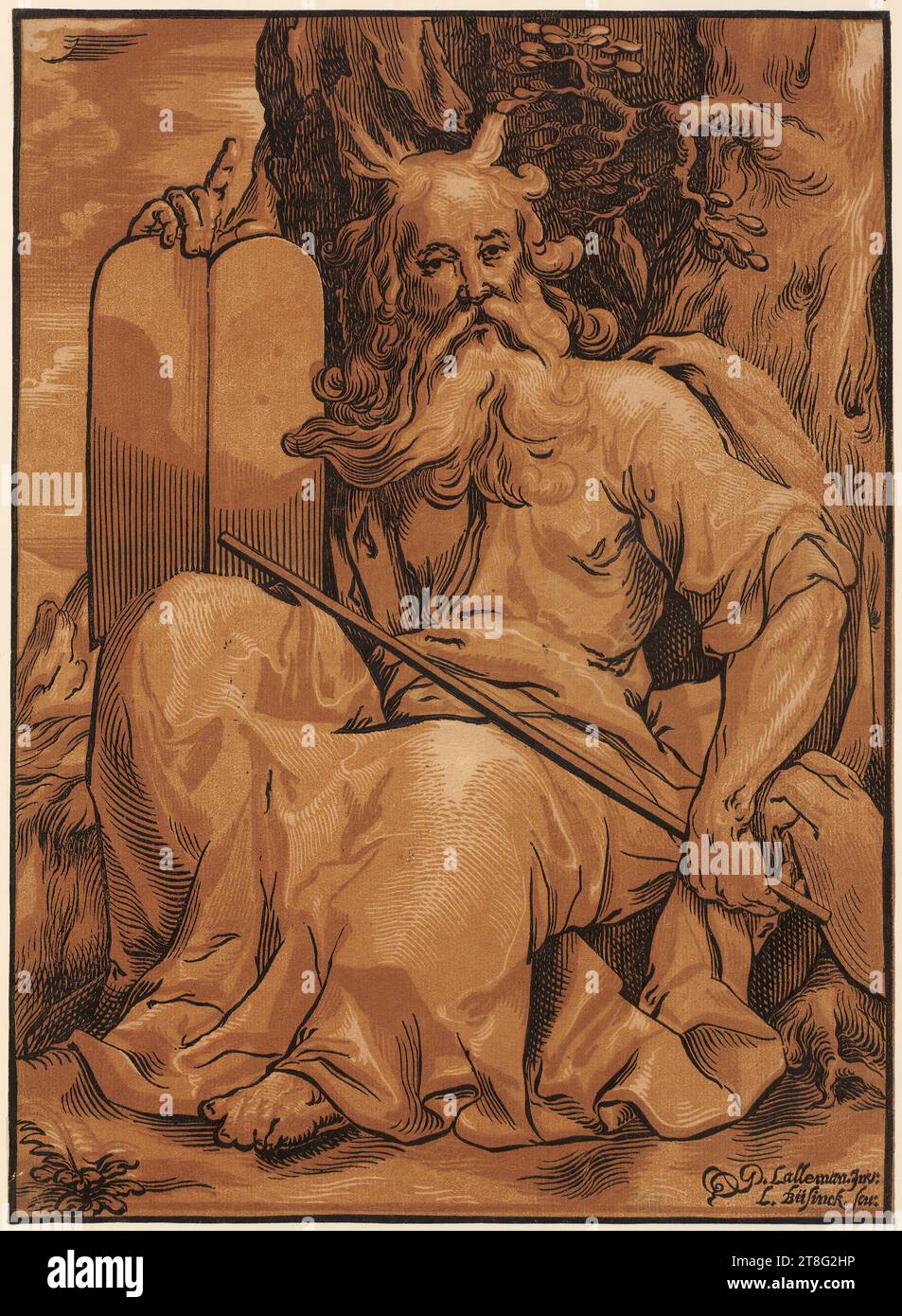 Ludwig Büsinck (1600 UM - 1669), exécution Georges Lallemand (1580 UM - 1636), dessin, Moïse avec les tablettes de la loi, origine de l'impression : 1600 - 1650 premières chaleurs, chiaroscuro découpé d'une ligne et de deux plaques d'argile (noir, ocre, brun clair), taille de la feuille: 39,3 x 28,5 cm, en bas à droite inscrit et signé 'G. Lalleman. INV:, L. Büsinck. scu Banque D'Images