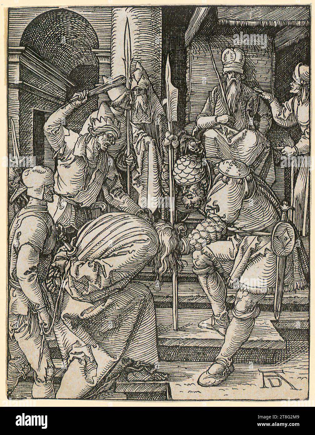 Albrecht Dürer (1471 - 1528), Christ devant Annas, feuille 13 de la série 'Small Woodcut passion', réalisée le : 1508 - 1509, gravure sur bois, taille de la feuille : 12,6 x 9,7 cm, monogramme en bas à droite 'AD Banque D'Images