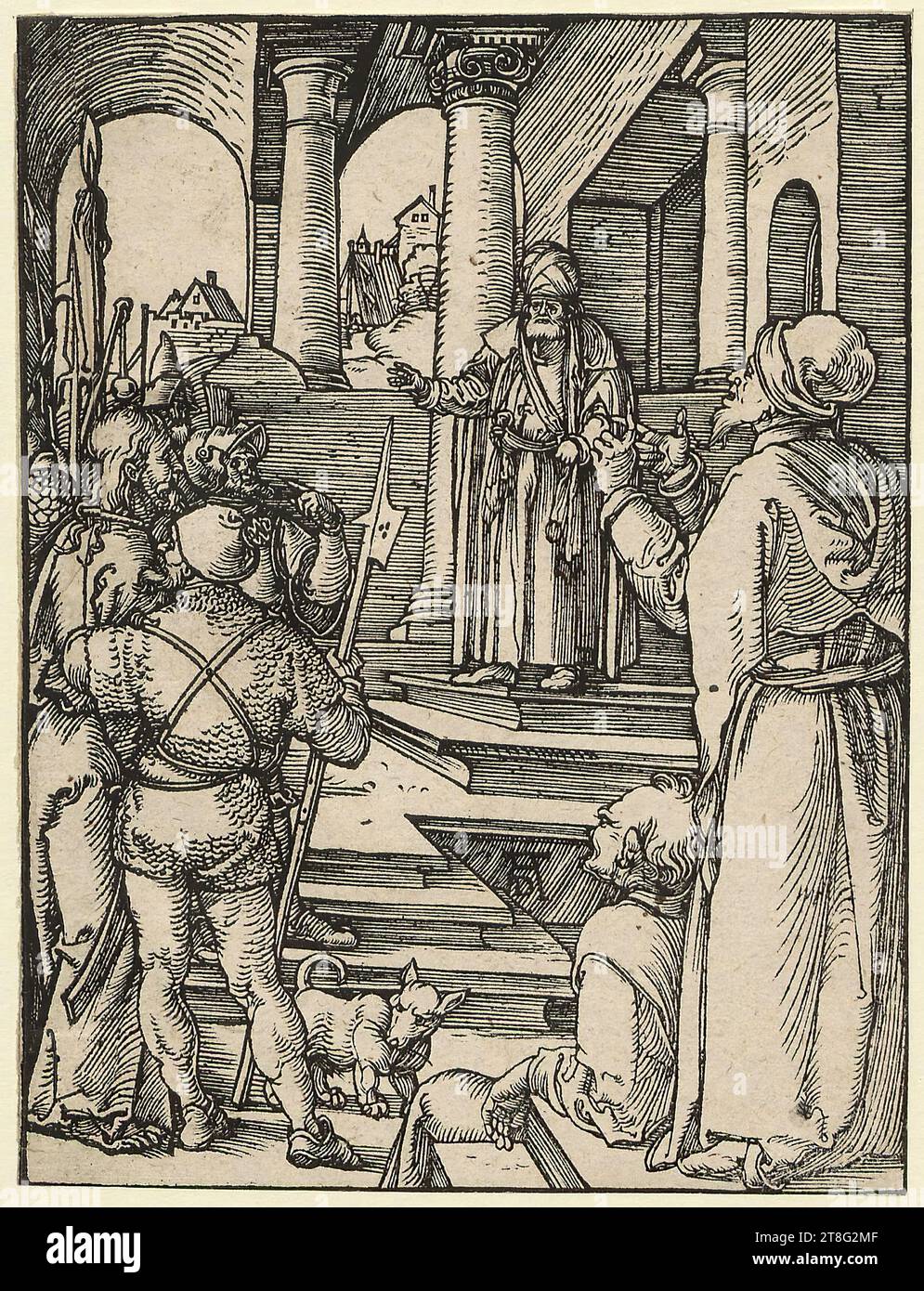 Albrecht Dürer (1471 - 1528), Christ devant Pilate, feuille 16 de la série 'Small Woodcut passion', support d'impression : 1508 - 1509, gravure sur bois, taille de la feuille : 12,8 x 9,9 cm, monogrammé en bas au centre 'AD Banque D'Images