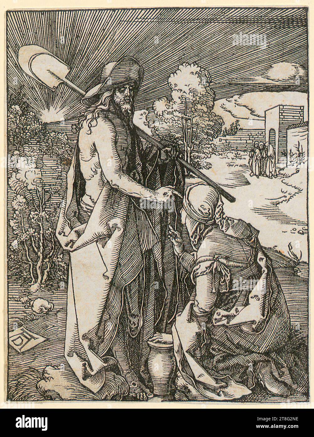 Albrecht Dürer (1471 - 1528), petite gravure sur bois passion, Albrecht Dürer (1471 - 1528), artiste, Christ apparaît à Magdalena, feuille 32 de la série 'petite gravure sur bois passion', origine du support d'impression : vers 1510, gravure sur bois, taille de la feuille : 12,7 x 9,8 cm, monogrammé 'ad' en bas à gauche sur la plaque Banque D'Images