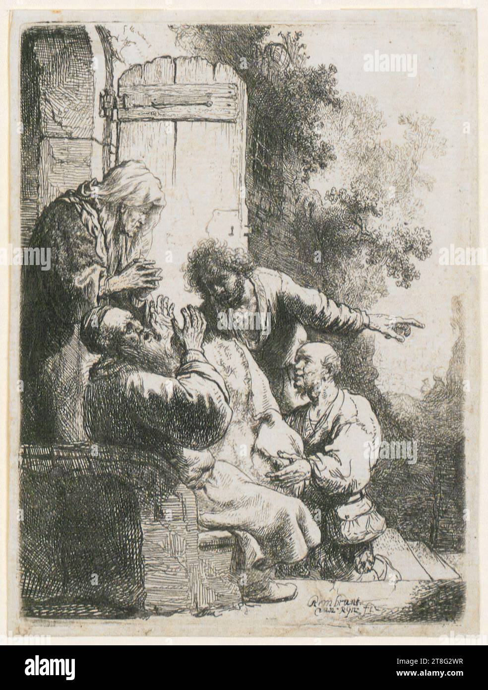 Rembrandt Harmensz. Van Rijn (1606 - 1669), artiste anonyme (date inconnue), retravaillé de, Joseph raconte ses rêves, Rembrandt Harmensz. Van Rijn (1606 - 1669), artiste, Jacob est apporté le manteau de Joseph, support d'impression : vers 1633, gravure et point sec, taille de la feuille : 11,2 x 8,4 cm, signé en bas à droite 'Rembrandt, van Ryn fe Banque D'Images Rembrandt Harmensz. Van Rijn (1606 - 1669), artiste anonyme (date inconnue), retravaillé de, Joseph raconte ses rêves, Rembrandt Harmensz. Van Rijn (1606 - 1669), artiste, Jacob est apporté le manteau de Joseph, support d'impression : vers 1633, gravure et point sec, taille de la feuille : 11,2 x 8,4 cm, signé en bas à droite 'Rembrandt, van Ryn fe Banque D'Images