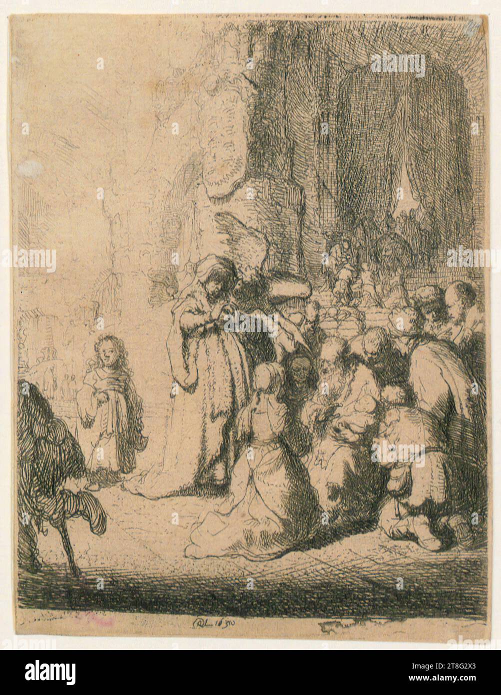 Rembrandt Harmensz. Van Rijn (1606 - 1669), artiste, Présentation au Temple avec une petite assiette Ange, Rembrandt Harmensz. Van Rijn (1606 - 1669), artiste, Présentation au Temple avec une petite assiette Ange, origine du support d'impression : 1630, gravure, taille de la feuille : 10,1 x 7,7 cm, fond central monogrammé et daté 'RHL 1630 Banque D'Images