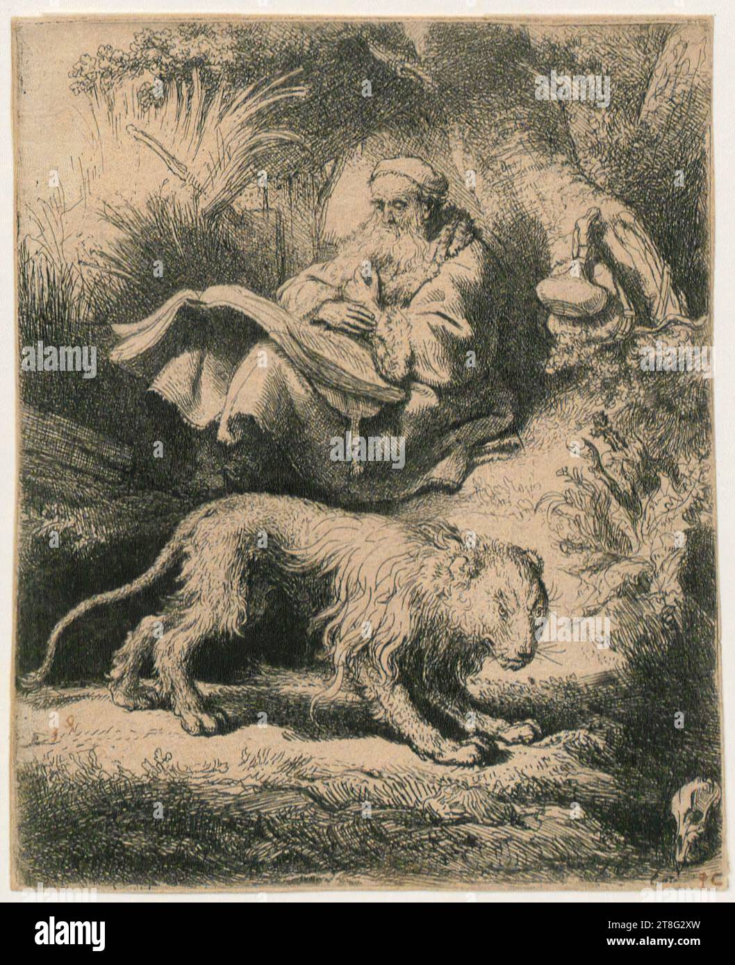 Rembrandt Harmensz. Van Rijn (1606 - 1669), artiste anonyme (date inconnue), retravaillé de, Baptême de l'eunuque, Rembrandt Harmensz. Van Rijn (1606 - 1669), artiste, lecture Saint Jérôme, création de support imprimé : 1634, gravure, taille de la feuille : 10,9 x 8,9 cm, signé et daté en bas à gauche 'Rembrandt f.1634', recto en bas à droite avec stylo en brun 'PC' ; note de marchand verso en bas à gauche avec graphite '25010, CZ'; ci-dessous avec stylo en rouge 'am Banque D'Images Rembrandt Harmensz. Van Rijn (1606 - 1669), artiste anonyme (date inconnue), retravaillé de, Baptême de l'eunuque, Rembrandt Harmensz. Van Rijn (1606 - 1669), artiste, lecture Saint Jérôme, création de support imprimé : 1634, gravure, taille de la feuille : 10,9 x 8,9 cm, signé et daté en bas à gauche 'Rembrandt f.1634', recto en bas à droite avec stylo en brun 'PC' ; note de marchand verso en bas à gauche avec graphite '25010, CZ'; ci-dessous avec stylo en rouge 'am Banque D'Images