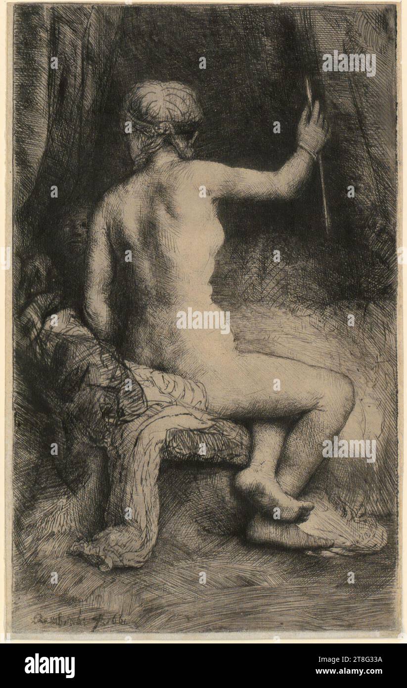 Rembrandt Harmensz. Van Rijn (1606 - 1669), artiste anonyme (date inconnue), retravaillé de, Diana in the Bath, Rembrandt Harmensz. Van Rijn (1606 - 1669), artiste, femme avec une flèche, support d'impression : 1661, gravure et pointe sèche, taille de la feuille : 20. 5 x 12,6 cm, en bas à gauche signé et daté 'Rembrandt F. 1661', verso en bas au centre noir Banque D'Images Rembrandt Harmensz. Van Rijn (1606 - 1669), artiste anonyme (date inconnue), retravaillé de, Diana in the Bath, Rembrandt Harmensz. Van Rijn (1606 - 1669), artiste, femme avec une flèche, support d'impression : 1661, gravure et pointe sèche, taille de la feuille : 20. 5 x 12,6 cm, en bas à gauche signé et daté 'Rembrandt F. 1661', verso en bas au centre noir Banque D'Images