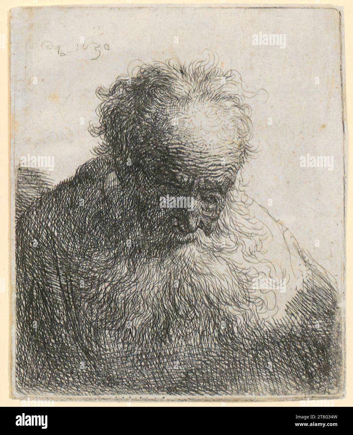 Rembrandt Harmensz. Van Rijn (1606 - 1669), artiste, portrait d'un vieil homme à la barbe fluide, regardant vers le bas, origine de l'impression : 1630, gravure, taille de la feuille : 9,1 x 7,8 cm, monogrammé en haut à gauche et daté 'RHL 1630', verso en bas à gauche noir Banque D'Images