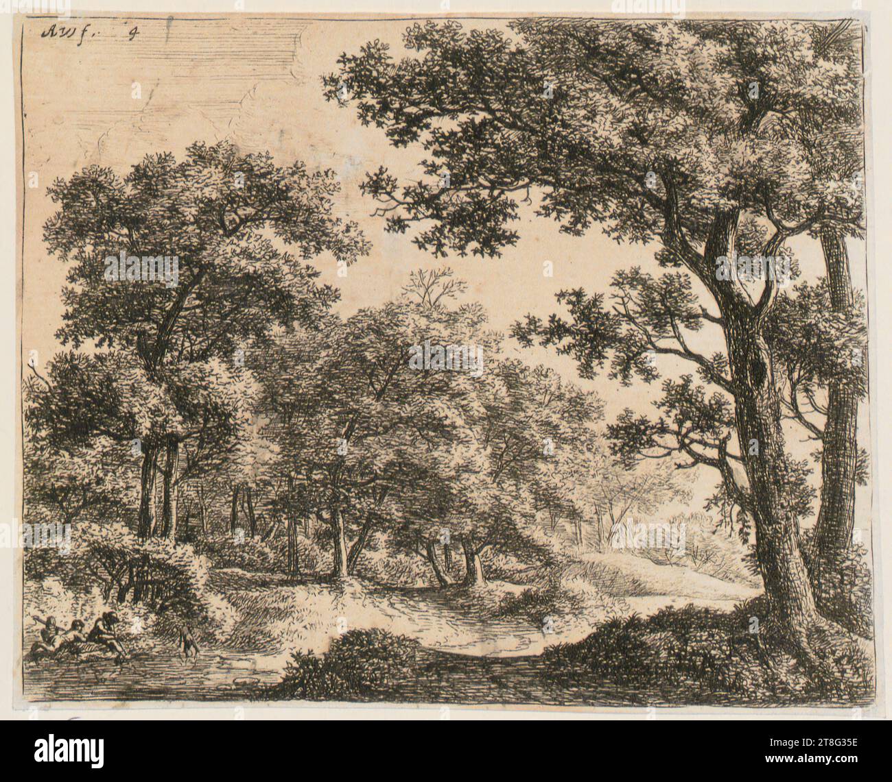 Antoni Waterloo (1609 UM - 1690), artiste, femme sur un petit pont, Antoni Waterloo (1609 UM - 1690), deux garçons avec leur chien à l'eau, feuille 4 de la série 'Landschaftenn' (Hollstein n° 33-38), origine de l'impression : 1640 - 1690, gravure, taille de la feuille: 11,7 x 14,4 cm, en haut à gauche monogrammé et numéroté 'A W F. 4 Banque D'Images
