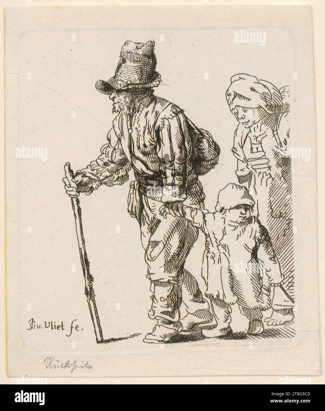 Johannes van Vliet (1628 - 1637 mentionné autour), copie d'après, famille paysanne sur le rouleau, origine de l'impression : 1750 - 1830, gravure, taille de la feuille : 11,7 x 9,8 cm, en bas à gauche inscrit 'JG v. Vliet fe Banque D'Images