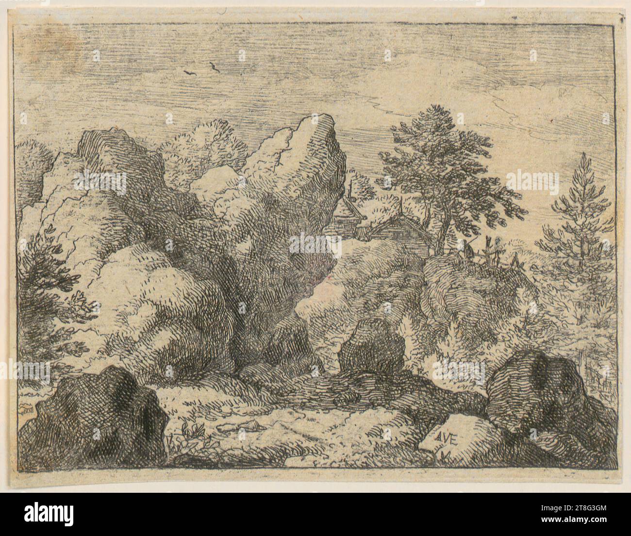 Allart van Everdingen (1621 c. - c. 1675), paysage rocheux râpé avec cabanes, support d'impression : 1636 - 1675, gravure et gravure sur cuivre, taille de la feuille : 11,1 x 14,3 cm, monogrammé 'AVE' sur pierre en bas à droite Banque D'Images