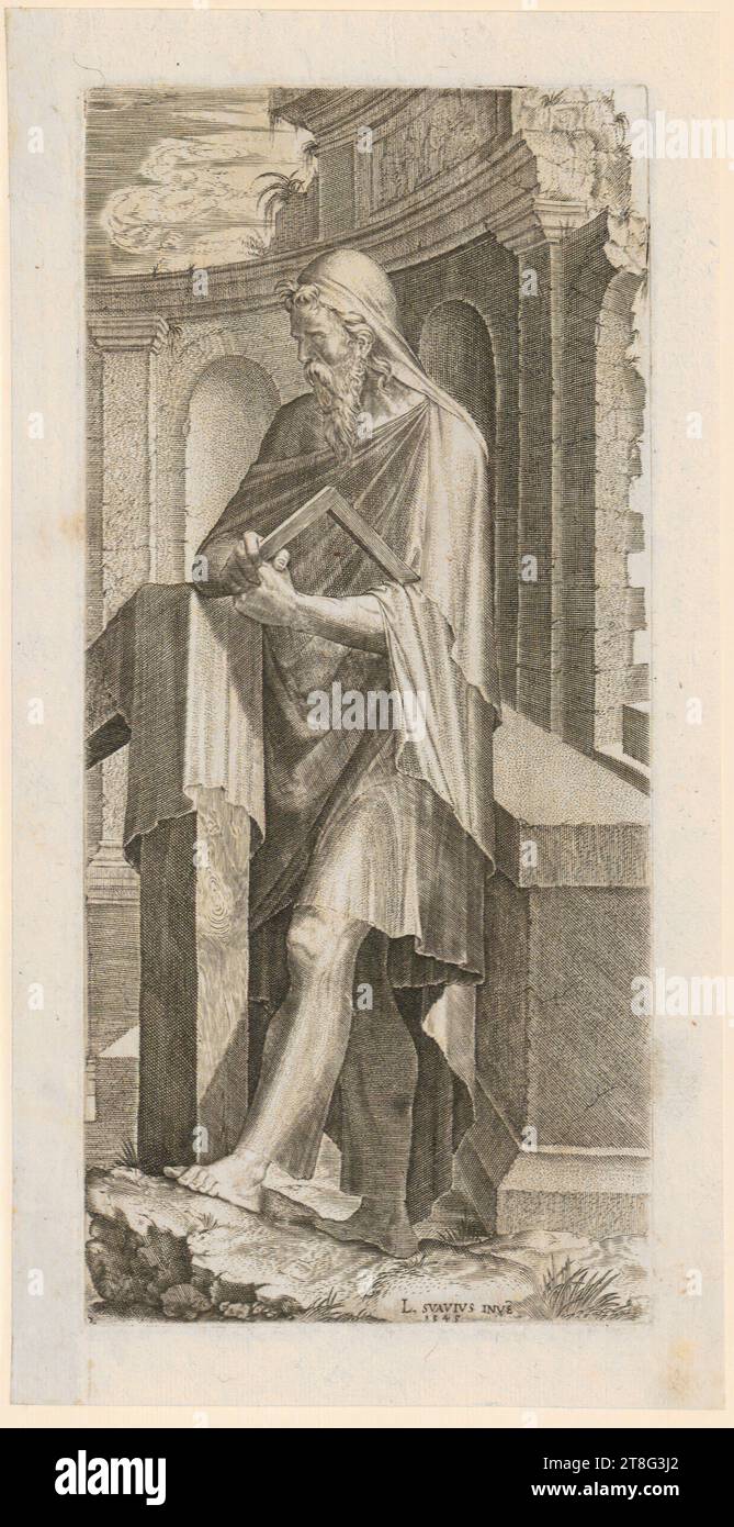 Lambert Zutman (1510 UM - 1567, 1574), Judas Thaddeus, feuille 6 de la série 'Christ, les douze Apôtres et Saint Paul', date d'impression : 1545, gravure sur cuivre, dimensions de la feuille : 21,9 x 11,3 cm, numérotée '2' en bas à gauche et inscrite et datée en bas au centre 'L. SVIVS INVE, 1545 Banque D'Images Lambert Zutman (1510 UM - 1567, 1574), Judas Thaddeus, feuille 6 de la série 'Christ, les douze Apôtres et Saint Paul', date d'impression : 1545, gravure sur cuivre, dimensions de la feuille : 21,9 x 11,3 cm, numérotée '2' en bas à gauche et inscrite et datée en bas au centre 'L. SVIVS INVE, 1545 Banque D'Images