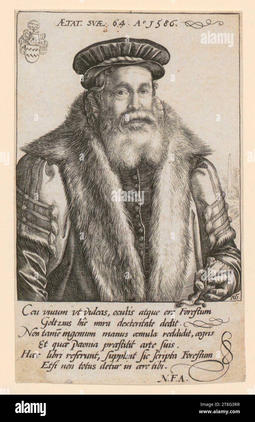 Anonyme (date inconnue), graveur Hendrick Goltzius (1558 - 1617), copie d'après, portrait de Pieter van Foreest Petrus Forestus, origine de l'impression : 1600 - 1650 premières chaleurs, gravure, taille de la feuille : 13,1 x 8,0 cm, haut centre inscrit 'ÆTAT. SVÆ 64 A° 1586' ; centre droit monogrammé 'HG' ligaturé ; ci-dessous en te Banque D'Images
