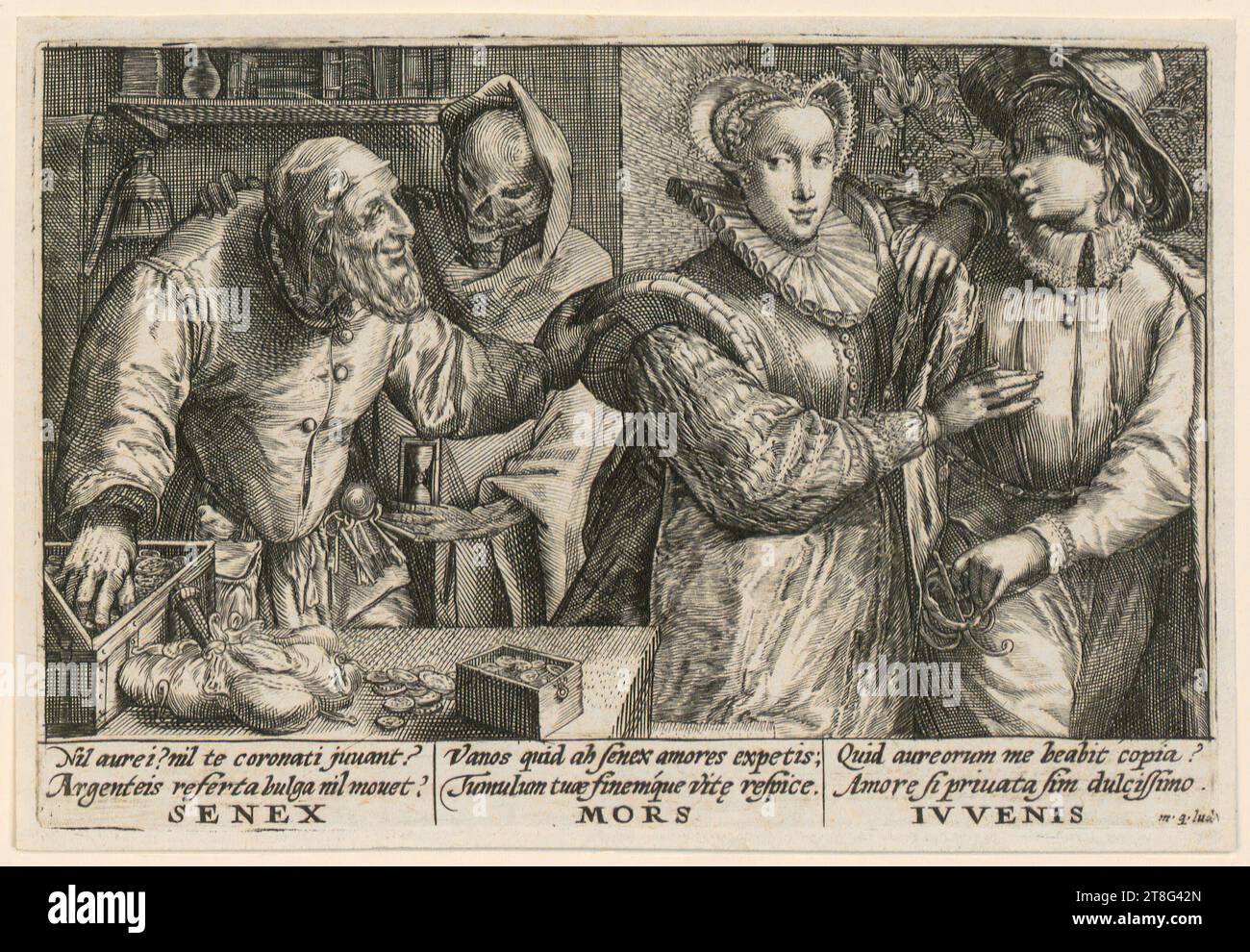 Martin Schongauer (1450 UM - 1491), artiste, Judas Thaddaeus, feuille 7 de la série 'douze Apôtres', Martin Schongauer (1450 UM - 1491), artiste, Judas Thaddaeus, feuille 7 de la série 'les Apôtres', Crispijn de passe (l'ancien) (1564 - 1637), vieillesse, mort et jeunesse, feuille 33 de la série 'Hortus Voluptatum', origine du support d'impression : 1599, gravure et gravure sur cuivre, taille de la feuille : 10. 8 x 15,9 cm, fond inscrit en trois colonnes 'Nil aurei? Nil te coronati juuant?, Argenteis referta bulga Nil m Banque D'Images
