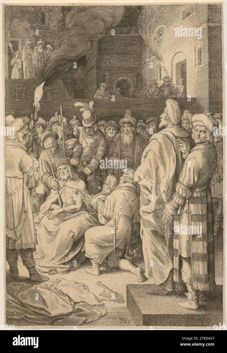 Nicolaes de Bruyn (1571 - 1656), Couronnement du Christ aux épines, feuillet 7 de la série 'la passion du Christ', origine de l'impression : 1618, gravure sur cuivre, dimensions de la feuille : 19,9 x 13,6 cm, numéroté '7' en bas à gauche et daté et monogrammé '1618, NDB' en bas au centre Banque D'Images