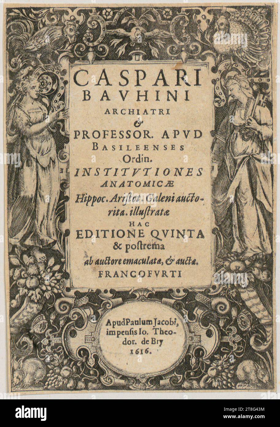 Johann Theodor de Bry (1561 - 1623), page de titre à 'Appendice ad Theatrum Anatomicum Caspari Bauhini Francofurti', 5e édition, Francfort, 1616, origine de l'impression : 1616, gravure sur cuivre, taille de la feuille : 13,5 x 9,3 cm, inscrit au centre de l'image 'CASPARI, BAVHINI, ARCHIATRI, &, PROFESSEUR. APVD, BASILEENSES, Ordin Banque D'Images