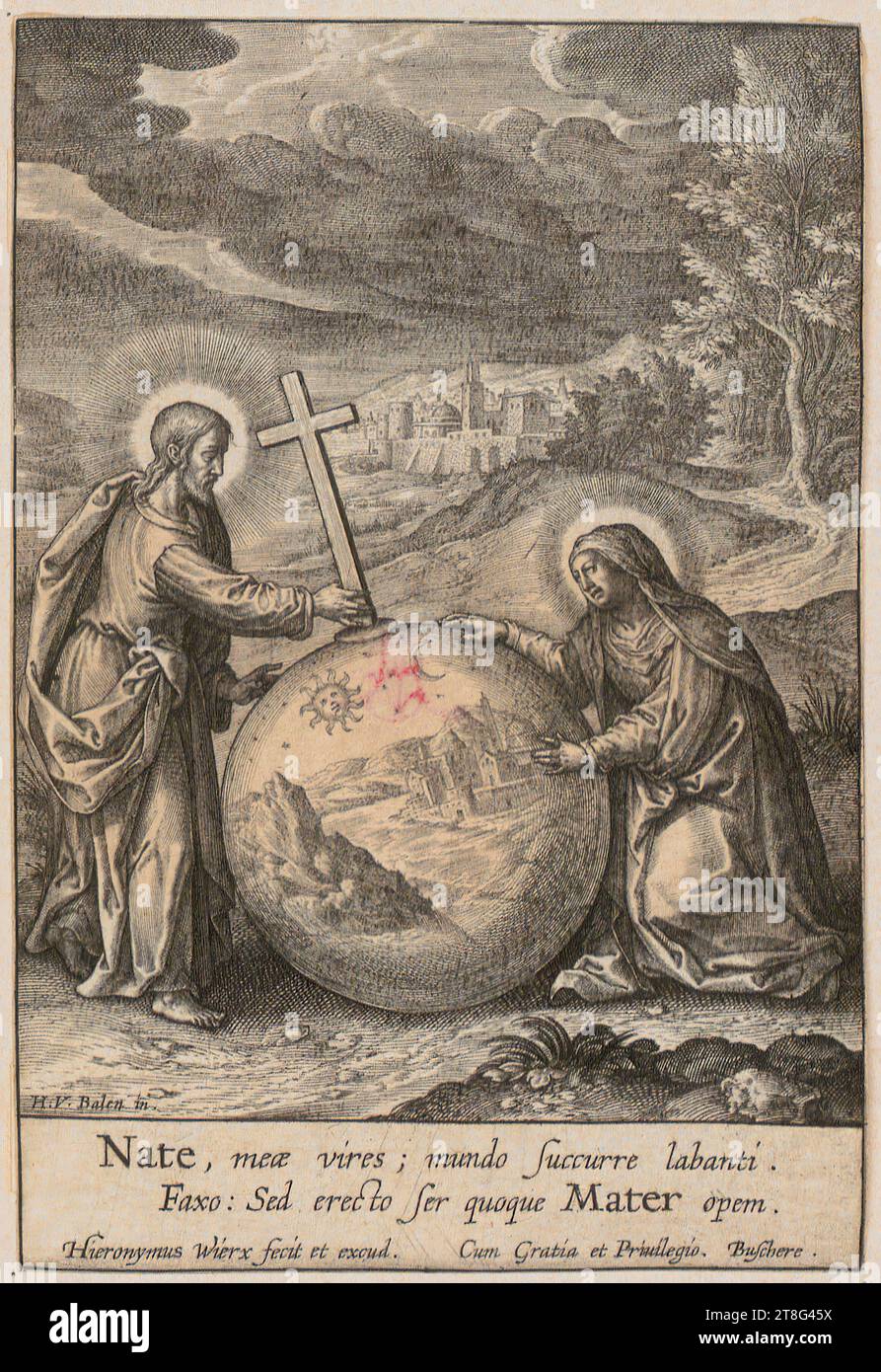 Hieronymus Wierix (1553 - 1619)Hendrick van Balen (1575 - 1632), d'après, Salvator Mundi und Jungfrau Maria, origine de l'estampe : avant 1619, gravure sur cuivre, dimensions de la feuille : 13,4 x 9,0 cm, en bas à gauche inscrit 'H.V. Balen in.' ; en bas inscrit 'Nate, meæ vires ; mundo succurre labanti Banque D'Images