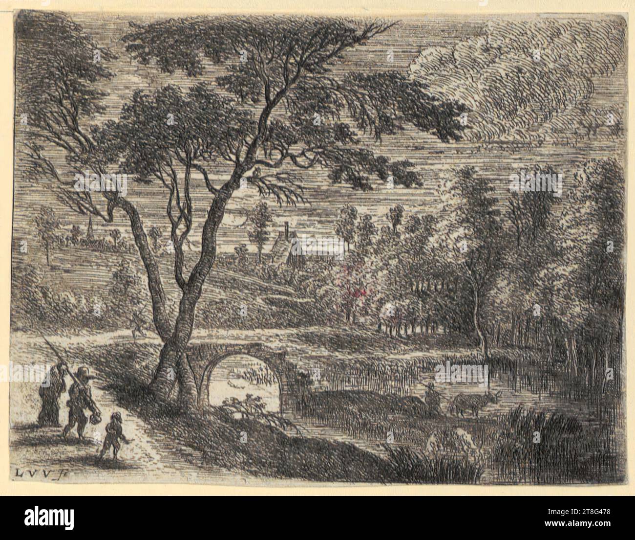 Lucas van Uden (1595 - 1672), Paysage avec ruines d'un pont, feuillet 8 de la série 'petits paysages', origine du support d'impression : 1610 - 1672, gravure et gravure sur cuivre, taille de la feuille: 7,3 x 9,6 cm, en bas à gauche monogramme « LVV fe », verso en bas à gauche note du concessionnaire avec graphite « 21237, C ou « L » Banque D'Images