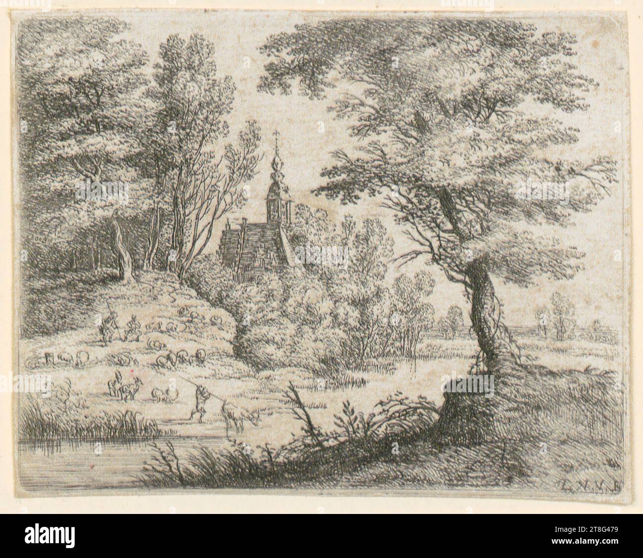 Lucas van Uden (1595 - 1672), Paysage avec bergers et animaux à une rivière, feuillet 11 de la série 'petits paysages', origine de l'impression : 1610 - 1672, gravure et gravure sur cuivre, taille de la feuille: 7,6 x 9,6 cm, en bas à droite monogrammé 'LVVF', verso en bas à gauche note du concessionnaire avec graphite '12151, Rd C Banque D'Images