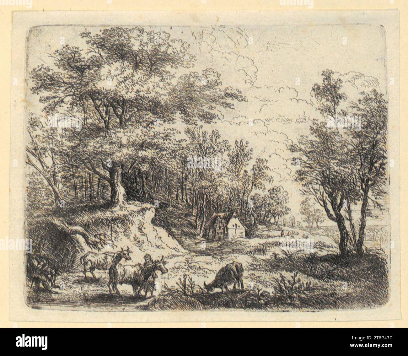Lucas van Uden (1595 - 1672), Paysage avec trois vaches, une femme et un homme, feuillet 10 de la série 'petits paysages', origine du support d'impression : 1610 - 1672, gravure et gravure sur cuivre, taille de la feuille: 8,0 x 10,2 cm, en bas à gauche monogrammé sur pierre 'LVV', verso en bas à gauche note du concessionnaire avec graphite '18856, M. C Banque D'Images