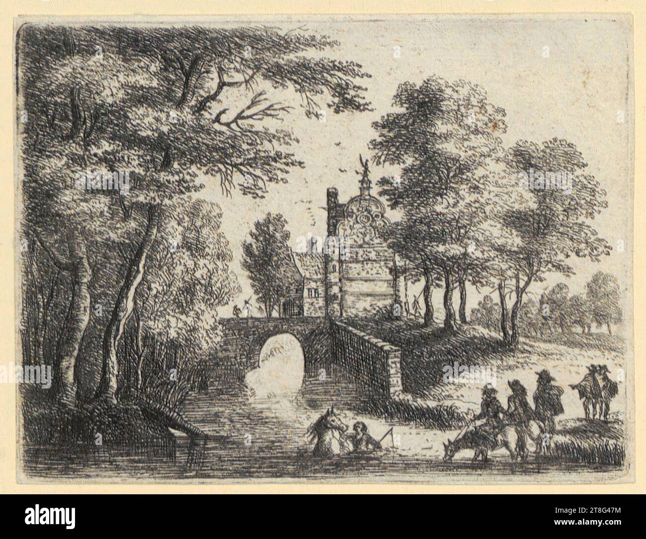 Lucas van Uden (1595 - 1672), Paysage avec rivière, pont et cavaliers, feuille 7 de la série 'petits paysages', origine du support d'impression : 1610 - 1672, gravure et gravure sur cuivre, taille de la feuille : 7,3 x 9,6 cm, verso en bas à gauche note du marchand avec graphite '12147, R Banque D'Images