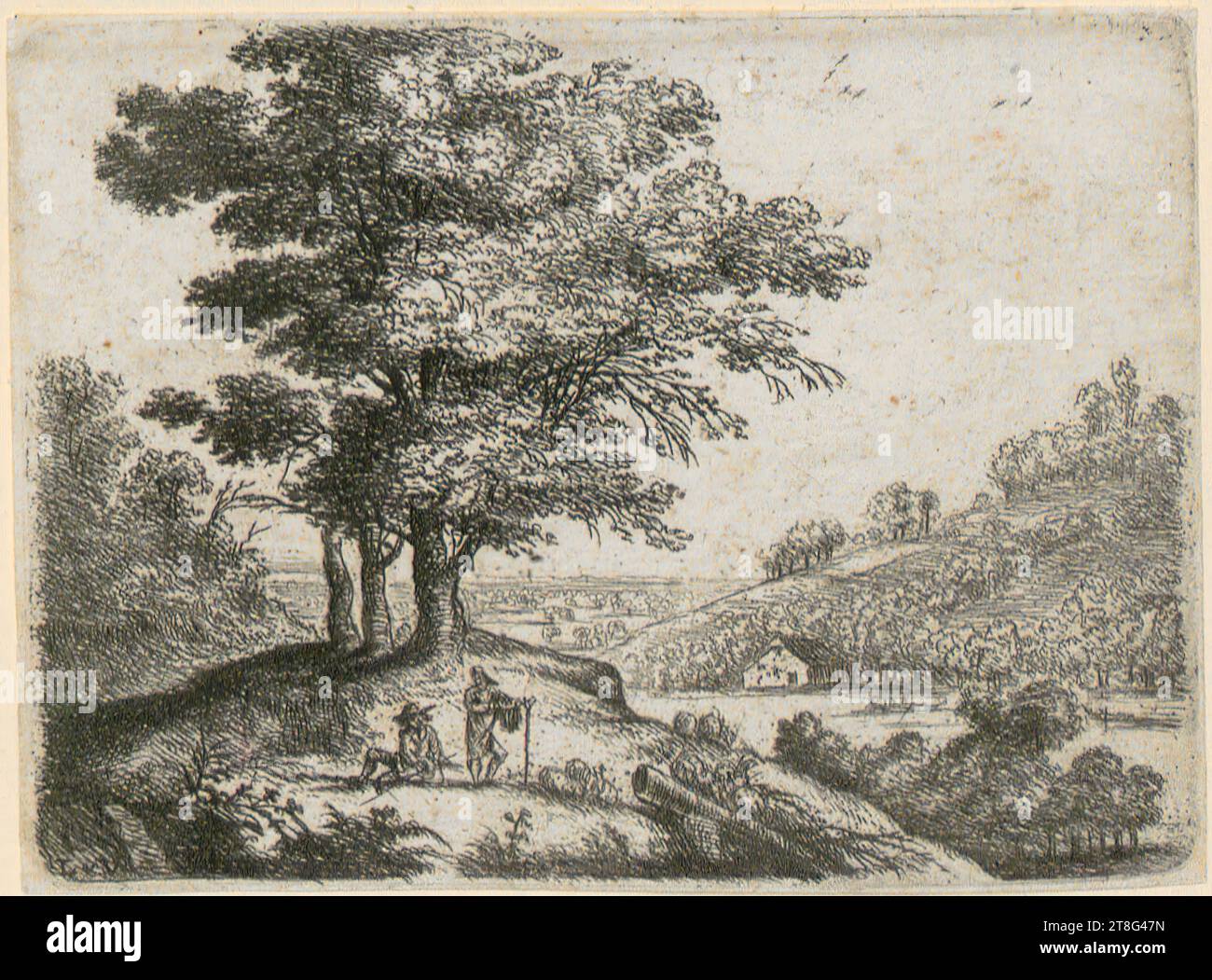 Lucas van Uden (1595 - 1672), artiste, paysage avec rivière, feuille 6 de la série 'petits paysages', origine du support d'impression : 1610 - 1672, gravure et gravure sur cuivre, taille de la feuille: 7,4 x 9,9 cm, monogrammé en bas à gauche 'LVV Barely visible, LVV', verso en bas à gauche note du concessionnaire avec graphite '12146, R. Banque D'Images
