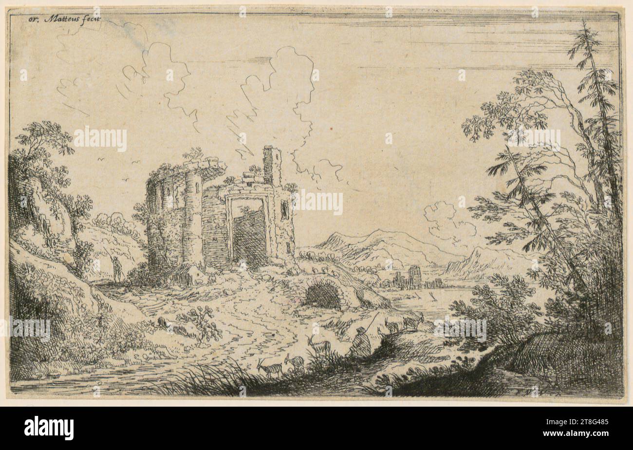 Cornelis Matheu (1656 avant - après 1656)Frans van den Wyngaerde (1614 - 1679), Éditeur, Paysage avec Goatherds, support d'impression : circa 1640 - 1650, gravure, Dimensions des feuilles : 9,9 x 15,6 cm, en haut à gauche signé 'Cor. Matteus fec.' ; monogramme en bas à droite 'F.V.W ex Banque D'Images