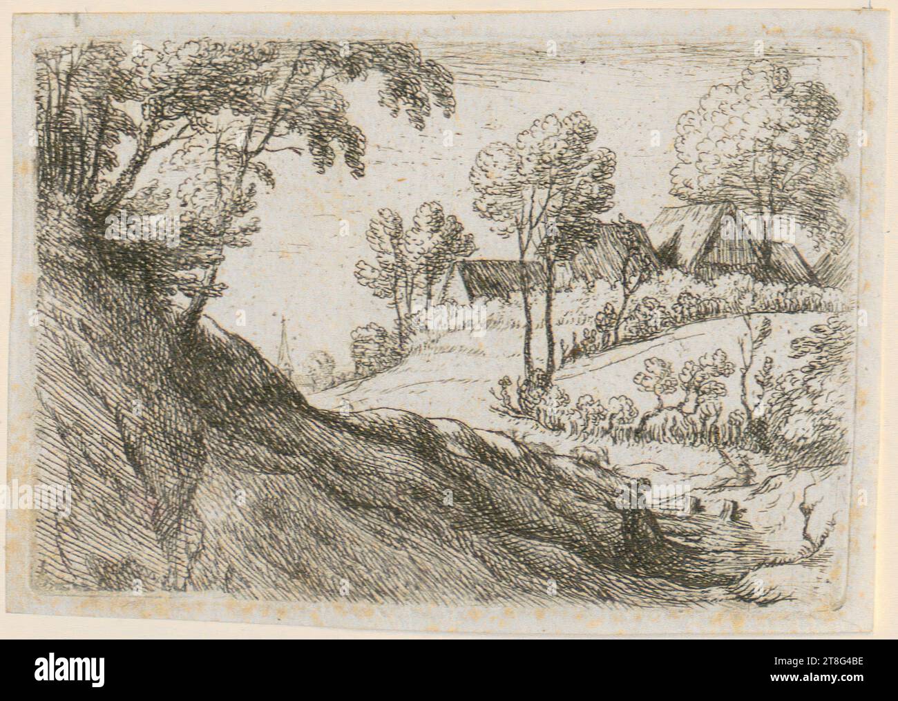 Lodewyk de Vadder (1605 - 1655), Village sur une colline, feuillet 7 de la série 'petits paysages', origine du support d'impression : c. 1620 - 1655, gravure, taille feuillet : 7,4 x 10,8 cm, verso en bas à gauche bleu Banque D'Images