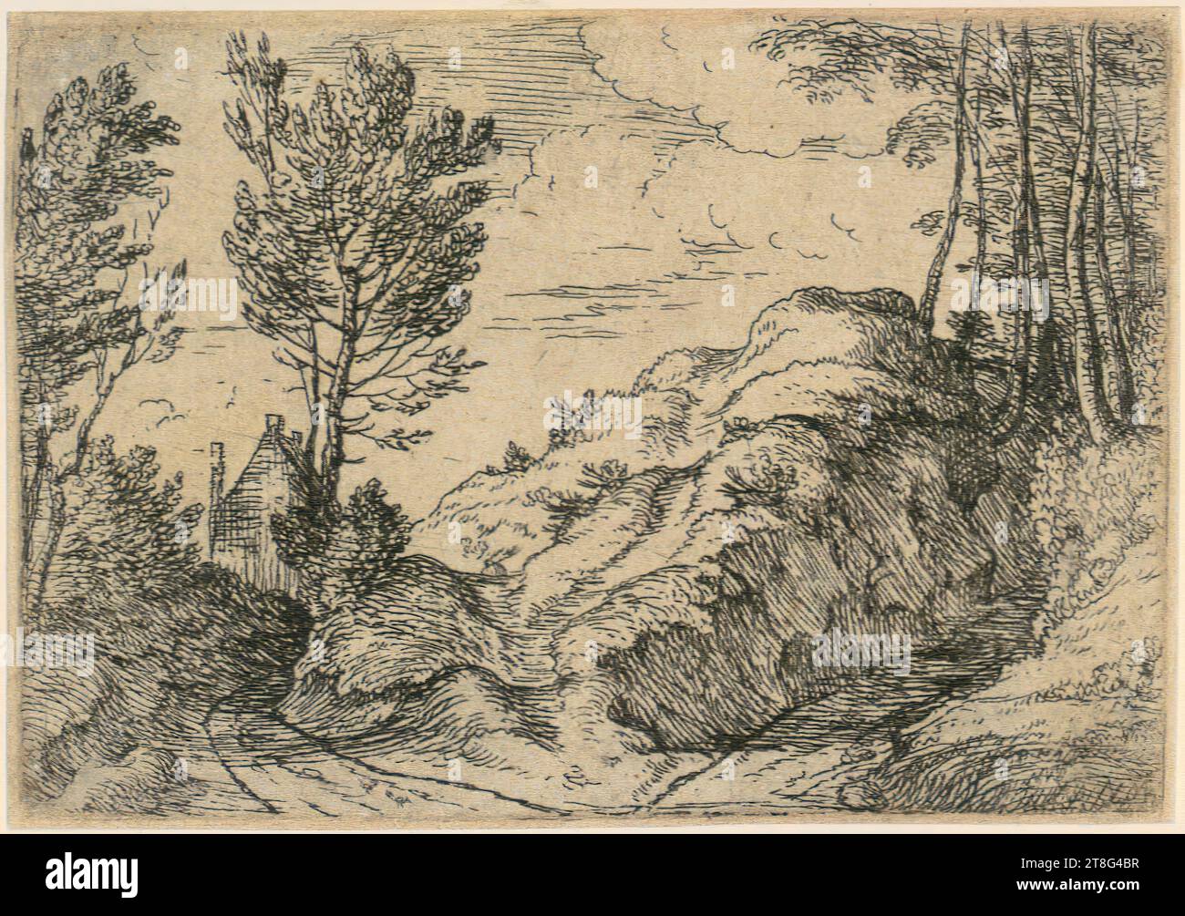 Lodewyk de Vadder (1605 - 1655), grand arbre à la fourche dans la route, feuillet 2 de la série 'petits paysages', origine du support d'impression : c. 1620 - 1655, gravure, dimensions de la feuille : 7,1 x 10,2 cm, verso en bas à droite noir Banque D'Images
