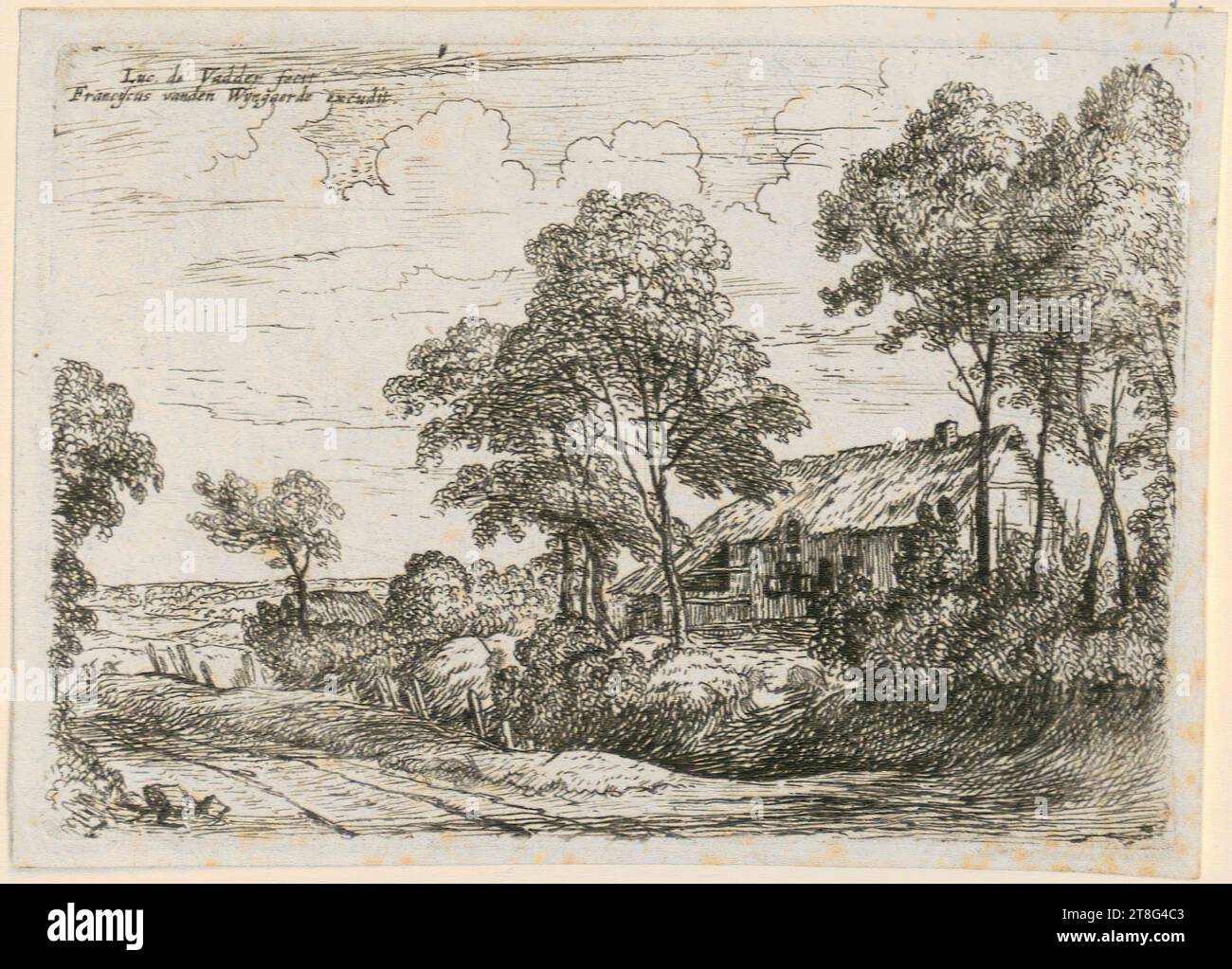 Lodewyk de Vadder (1605 - 1655)Frans van den Wyngaerde (1614 - 1679), éditeur, maison de chaume, feuille 8 de la série 'petits paysages', support d'impression : circa 1620 - 1655, gravure, taille de feuille : 7,7 x 10,6 cm, signée et inscrite en haut à gauche 'Luc. De Vadder fecit., Franciscus vanden Wijngaerde excuditt', verso en bas à gauche bleu Banque D'Images