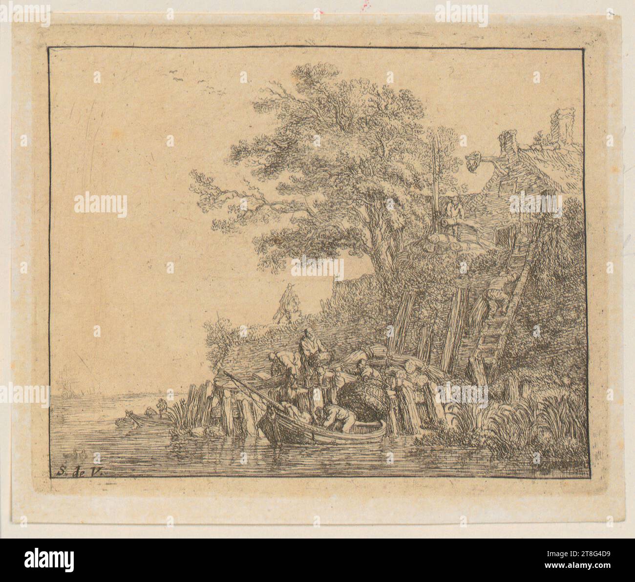 Simon de Vlieger (1600 UM - 1653), bateau de chargement hommes avec paquet de grain, support d'impression : 1615 - 1653, gravure et point sec, taille de la feuille : 12,6 x 15,2 cm taille de montage : 11,5 x 14,3 cm, en bas à gauche monogrammé 'S.de.V Banque D'Images