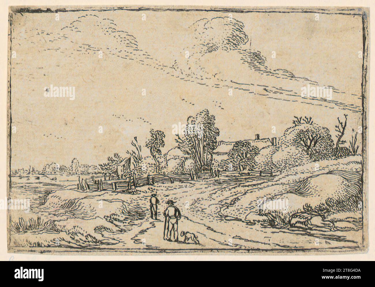 Esaias van de Velde (1587 - 1630), deux hommes avec un chien sur un chemin menant à une ferme, feuille 7 de la série 'petits paysages', support d'impression : 1600 - 1633 premier D, gravure, taille de la feuille : 7,0 x 10,2 cm, verso en bas à droite noir Banque D'Images