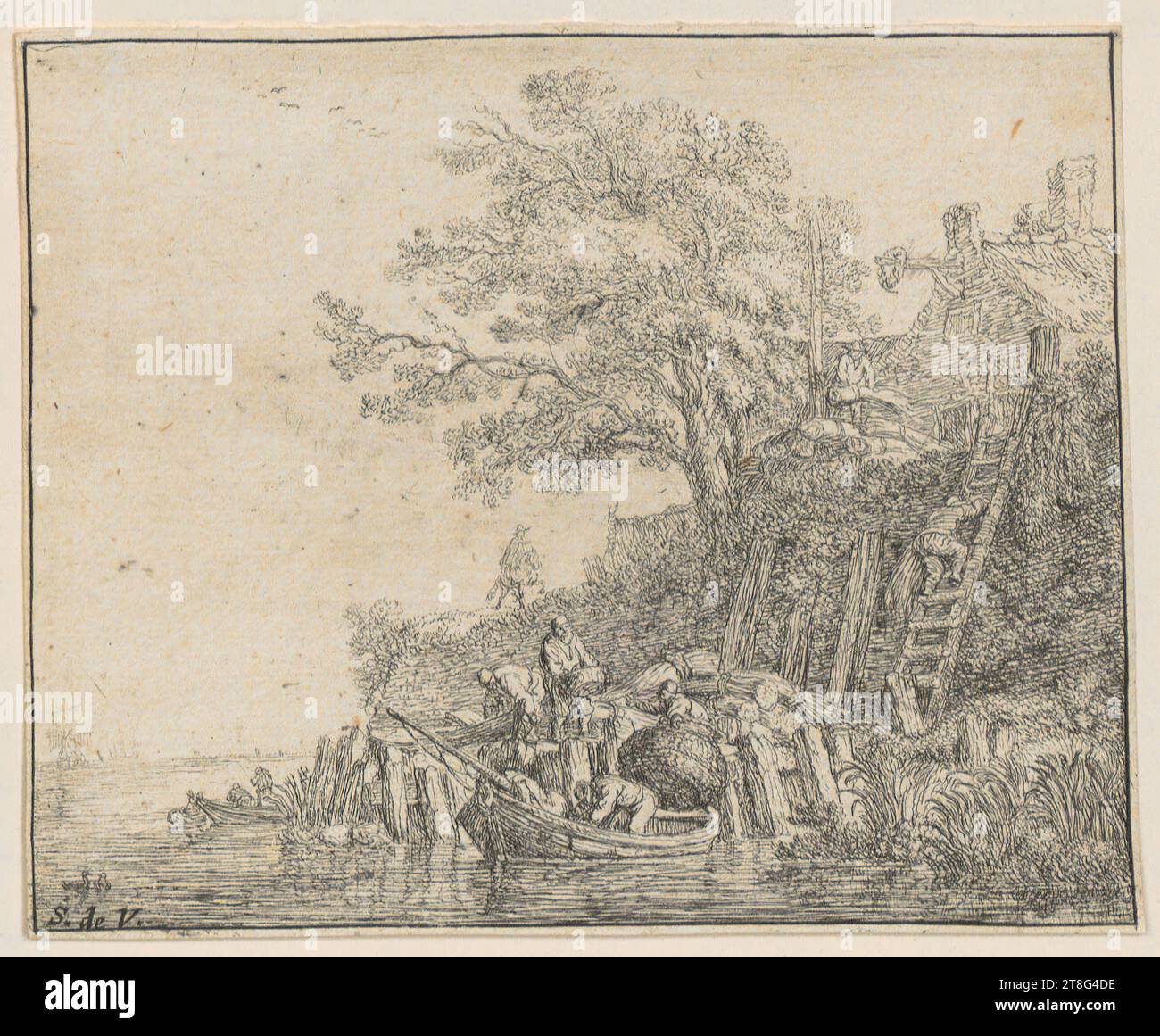 Simon de Vlieger (1600 UM - 1653), bateau de chargement hommes avec paquet de grain, support d'impression : 1615 - 1653, gravure et point sec, taille de la feuille : 10,3 x 15,0 cm (coupé le long de la ligne de bordure)' Field3 monogrammé en bas à gauche 'S.de.V Banque D'Images