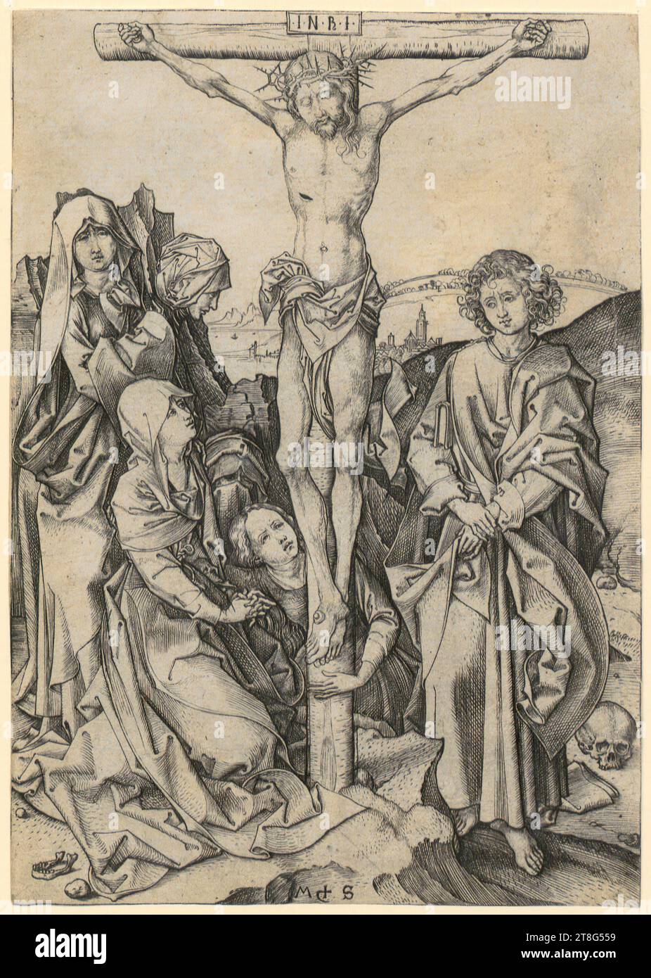 Giovanni Cesare Testa (1630 - 1655), artiste Pietro Testa (1612 - 1650), d'après Giovanni Giacomo de Rossi (1627 - 1691), éditeur, Christ pleurant par les anges, Martin Schongauer (1450 UM - 1491), artiste, Crucifixion, feuille 9 de la série 'la passion du Christ', origine du support d'impression: 1470 - 1482, gravure sur cuivre, taille de la feuille : 16. 1 x 11,3 cm, fond central monogrammé 'M + S. Banque D'Images