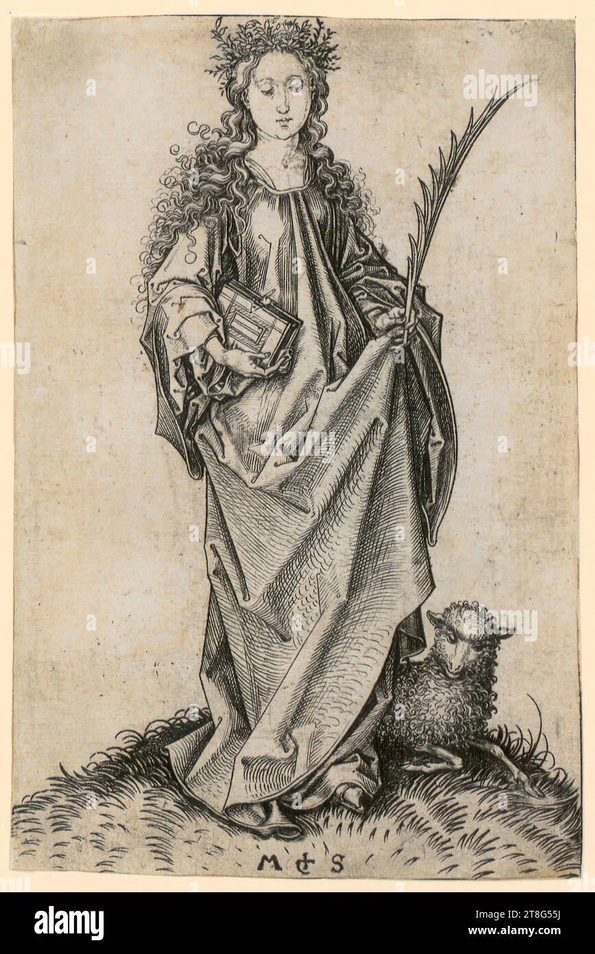 Martin Schongauer (1450 UM - 1491), artiste, Sainte Agnès, support d'impression : 1470 - 1482, gravure sur cuivre, taille de la feuille : 14,8 x 9,9 cm, fond central monogrammé 'M + S. Banque D'Images